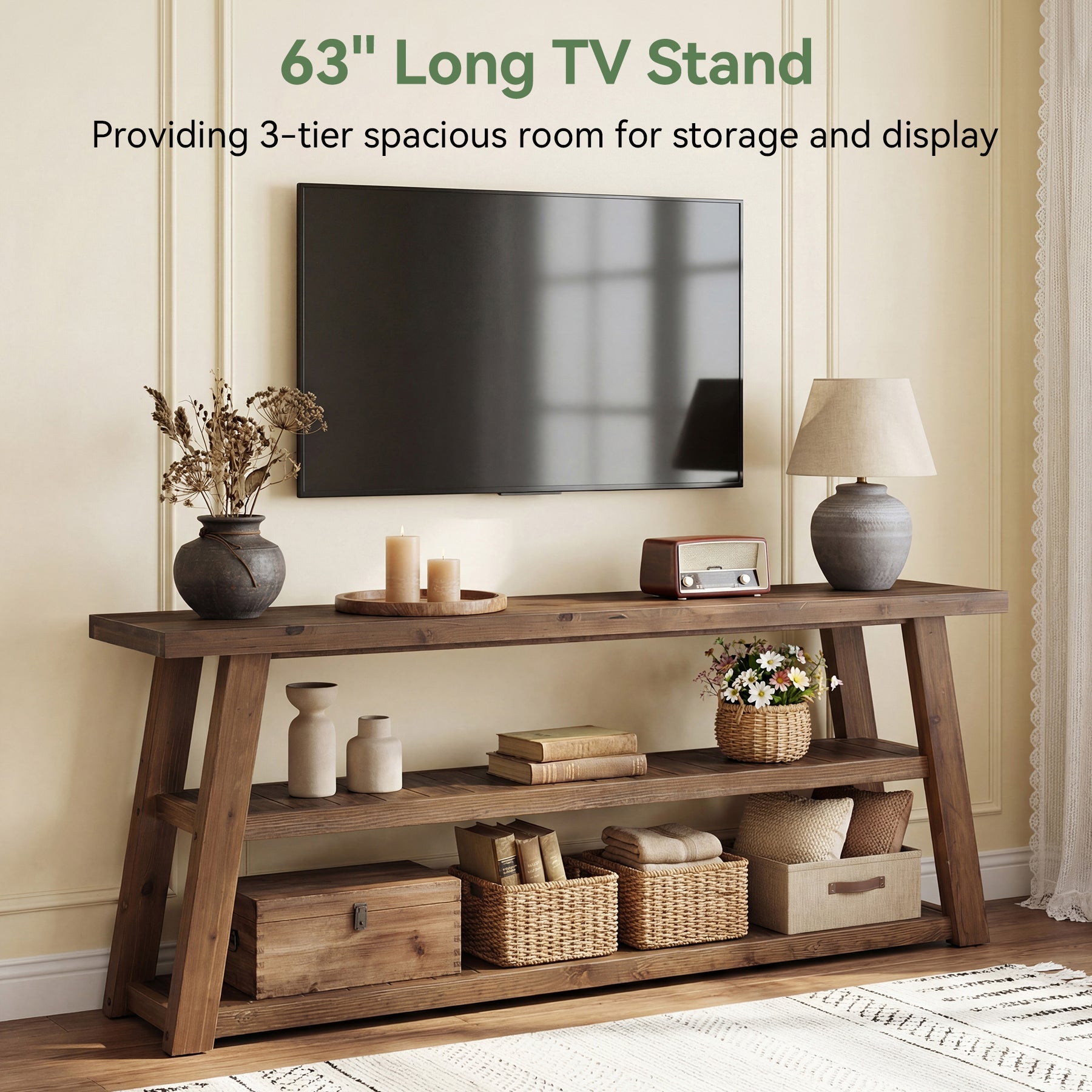 Tribesigns tv-lagekast van massief hout 160 cm, tv-meubel voor televisies tot 70 inch met 3 open planken