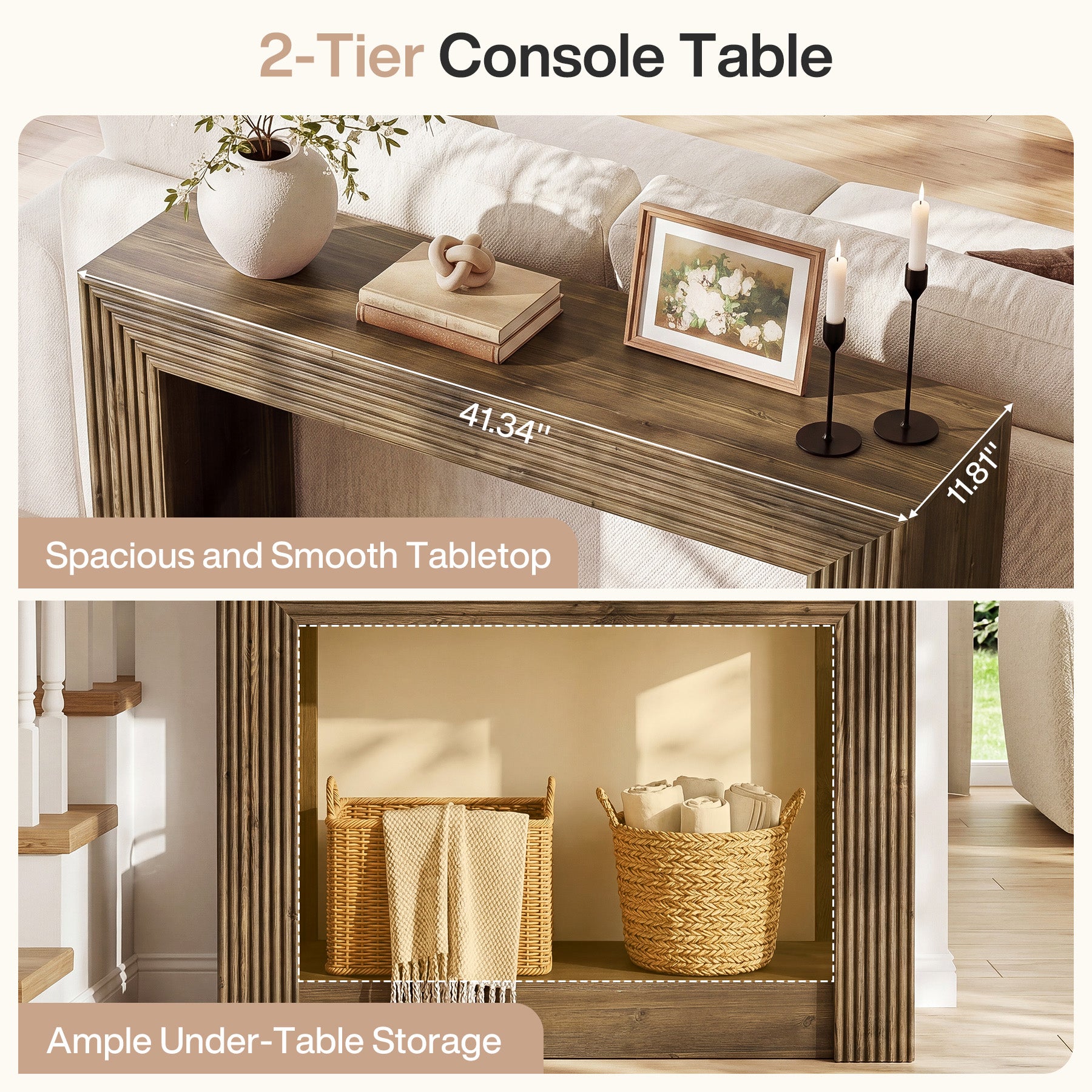 105 cm farmhouse consoletafel met opbergruimte, smalle 2-laagse sidetable voor entree of achter de bank