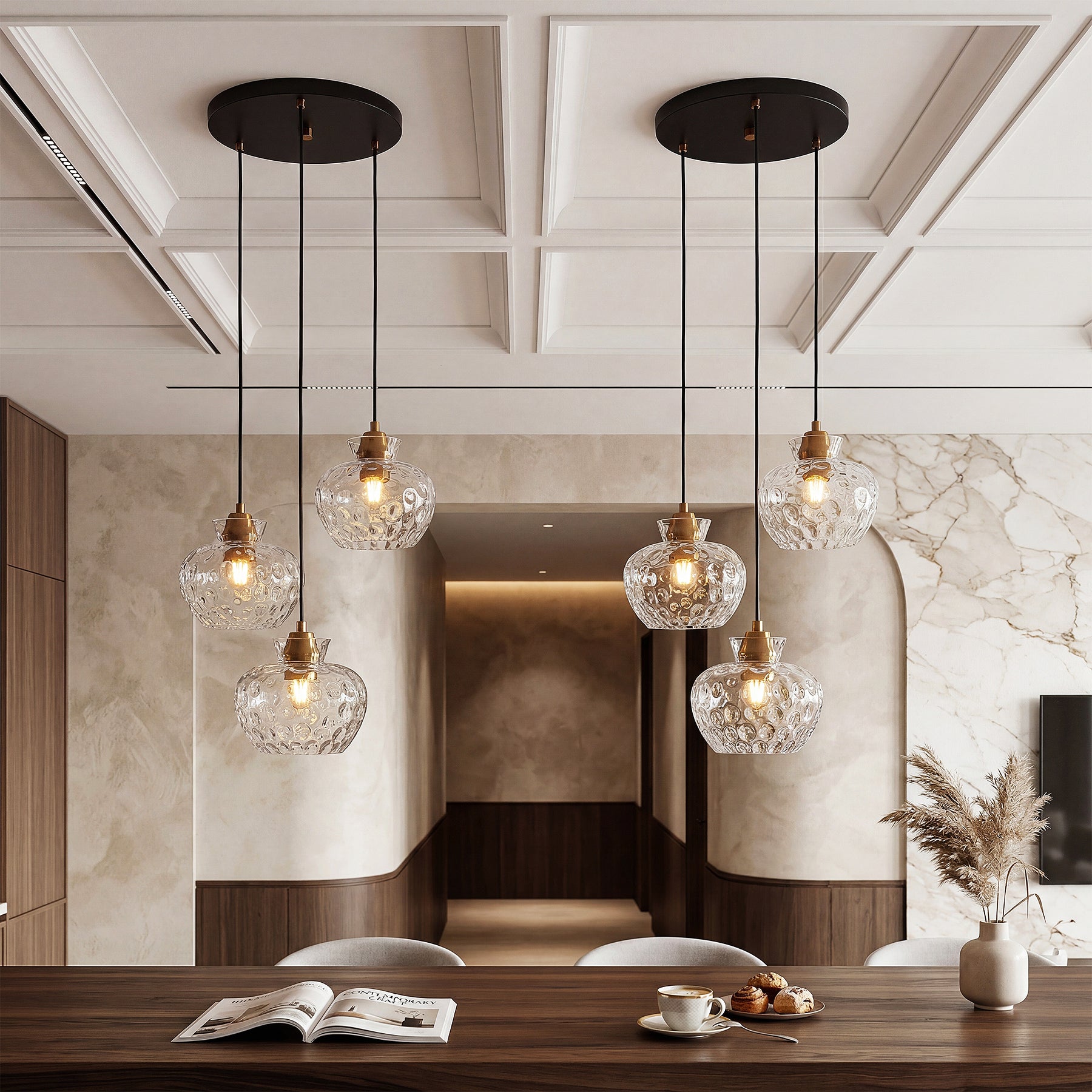 152 cm Tribesigns 3-lichts pendellamp met geribbeld glas en E27 fitting, in hoogte verstelbare vintage hanglamp voor eettafel, keuken en woonkamer [Energieklasse E]