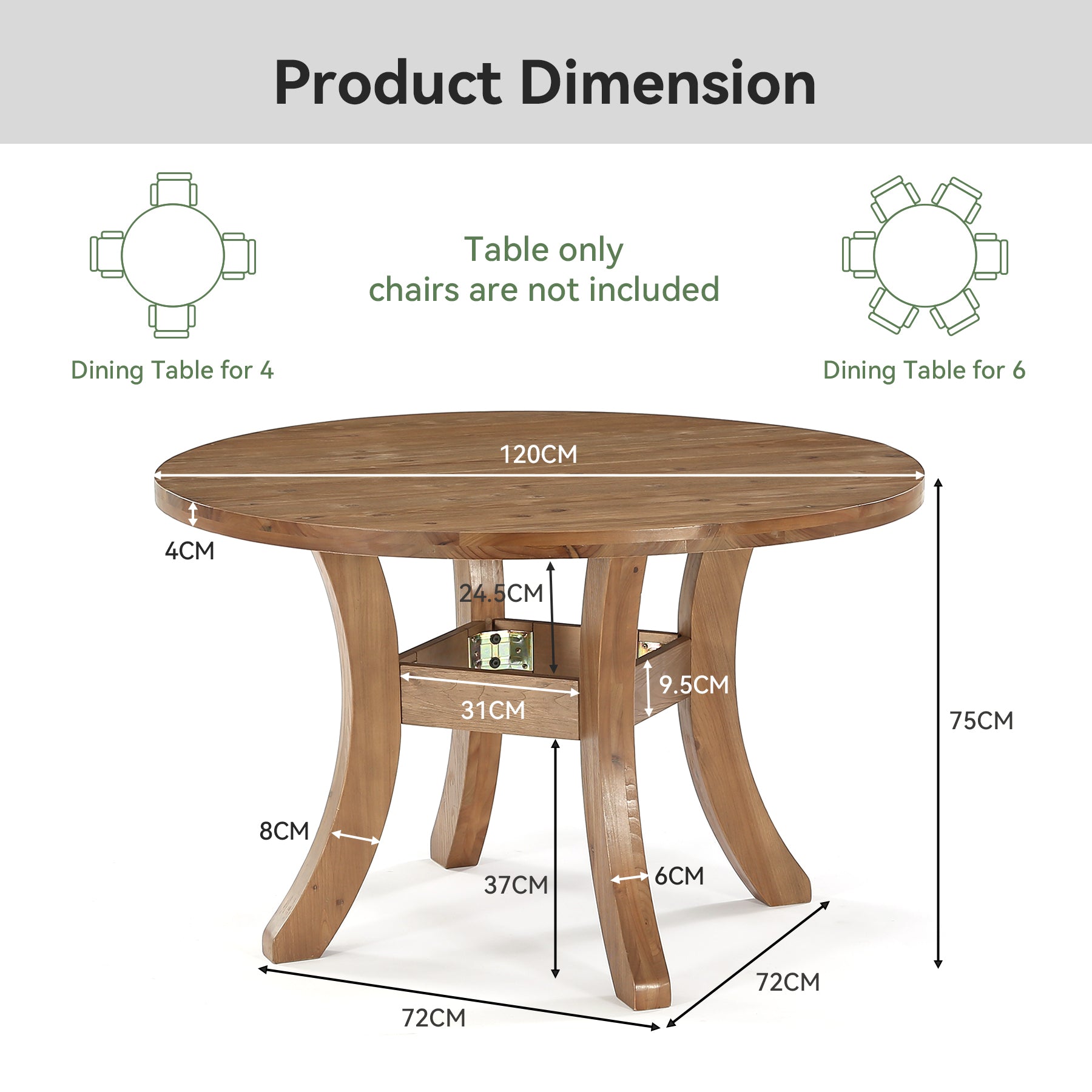 120 cm Massief Houten Ronde Eettafel, Farmhouse Tafel met Gebogen Poten