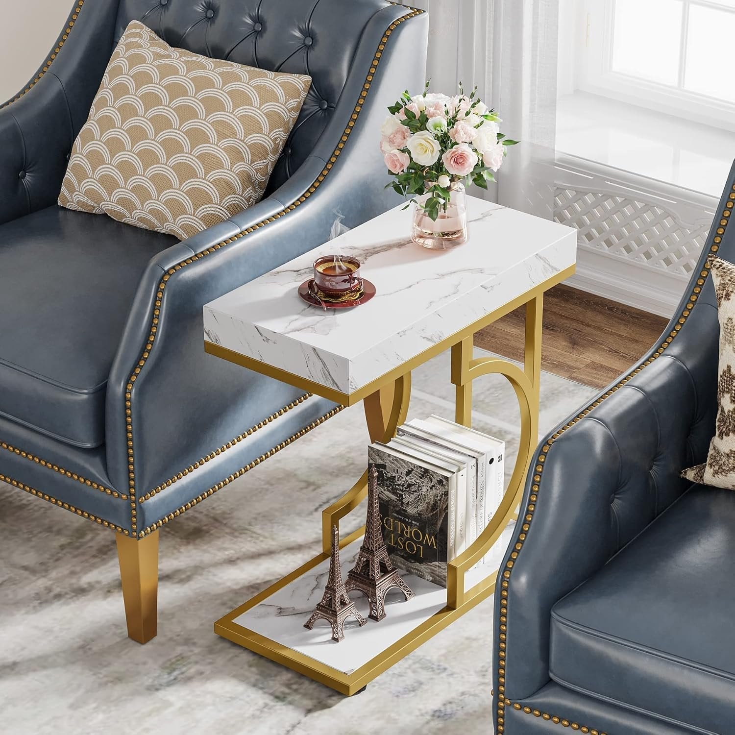 Smalle Bijzettafel, Wit en Gouden C-vormige Einde Tafel met Metaal Frame