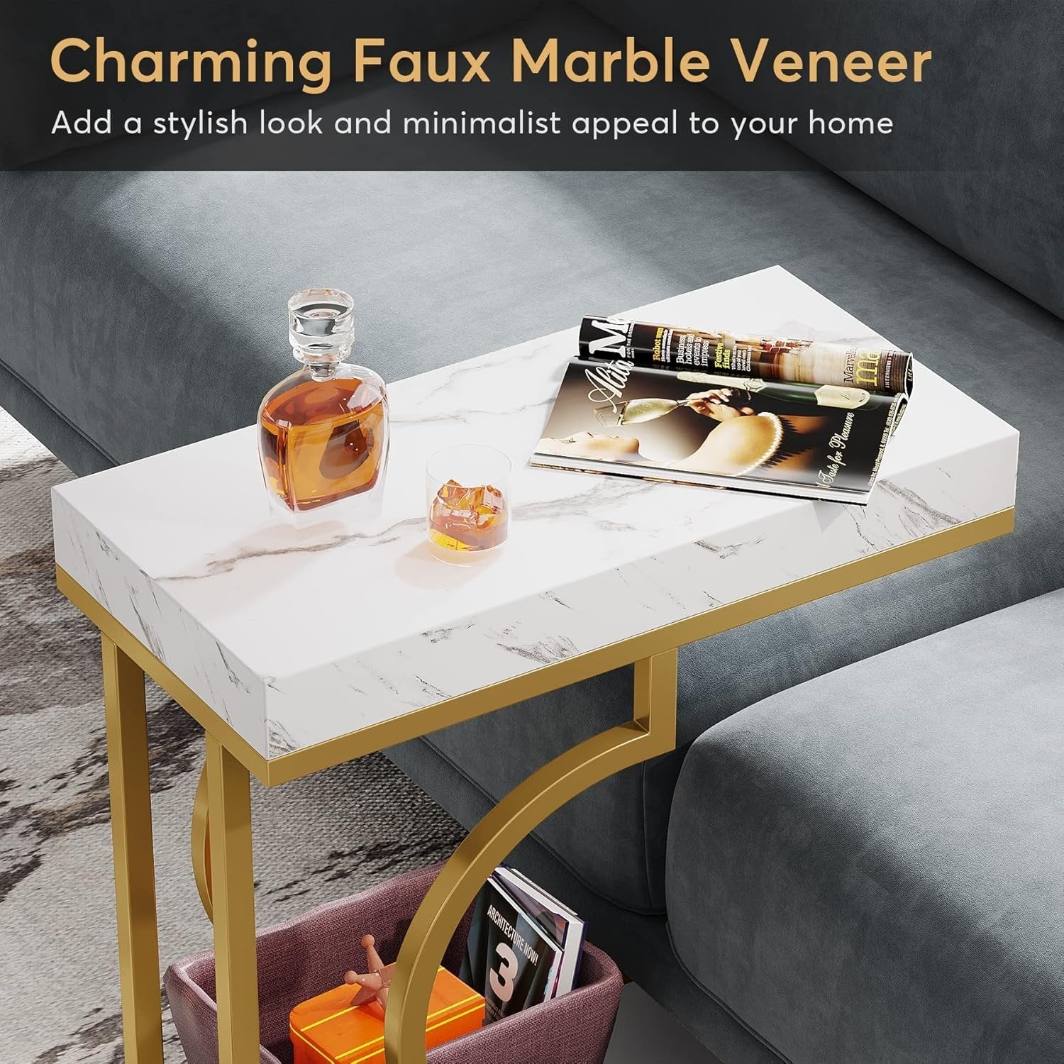 Smalle Bijzettafel, Wit en Gouden C-vormige Einde Tafel met Metaal Frame