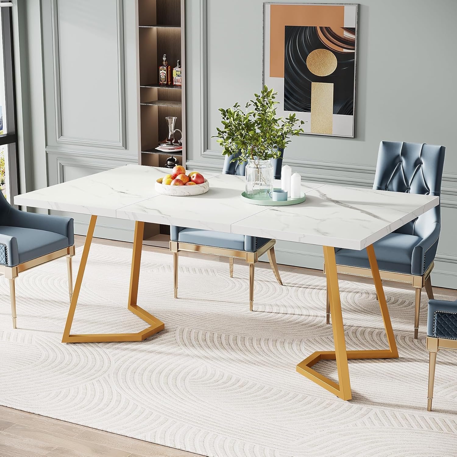 140 cm Tribesigns Moderne Eettafel in Wit, Rechthoekige Eettafel met Gouden Metalen Poten voor 6 Personen