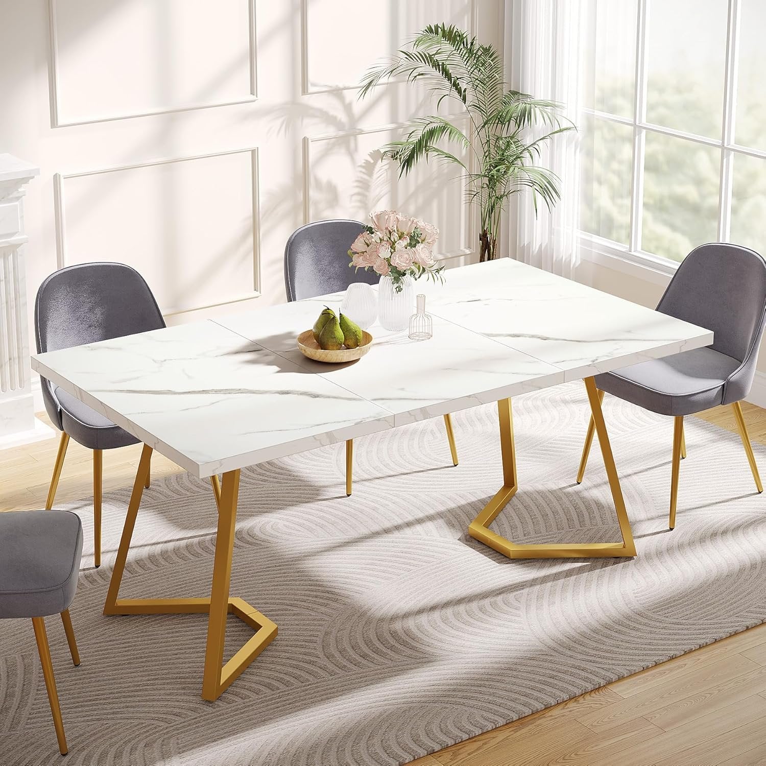 140 cm Tribesigns Moderne Eettafel in Wit, Rechthoekige Eettafel met Gouden Metalen Poten voor 6 Personen