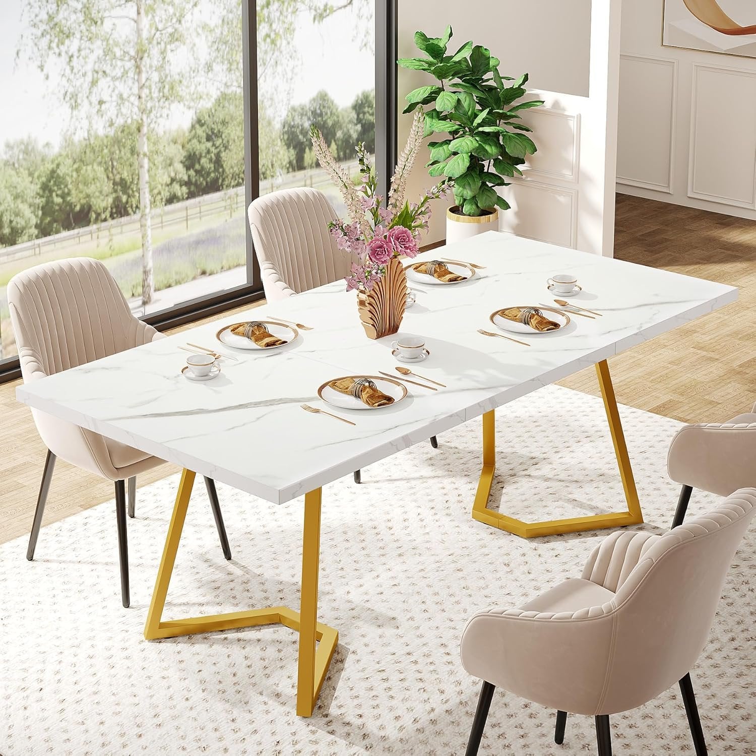 140 cm Tribesigns Moderne Eettafel in Wit, Rechthoekige Eettafel met Gouden Metalen Poten voor 6 Personen