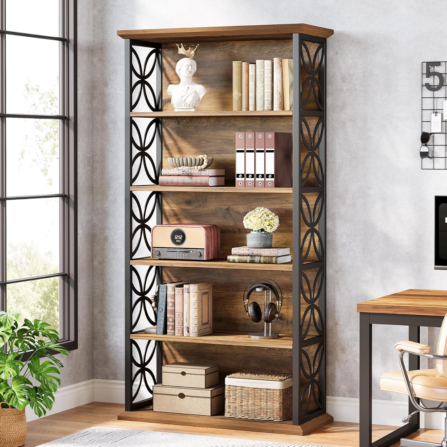 180 cm Industriële Boekenkast, 6 Open Rekken met Metaal Frame voor Elke Ruimte
