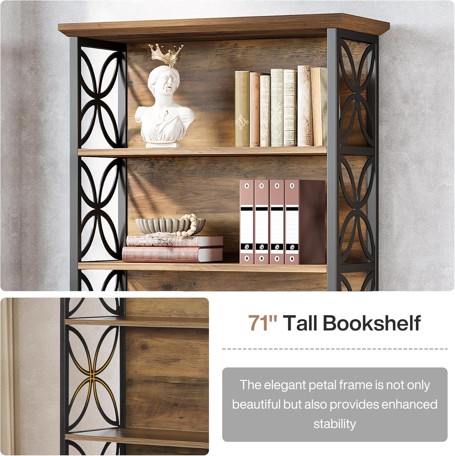 180 cm Industriële Boekenkast, 6 Open Rekken met Metaal Frame voor Elke Ruimte