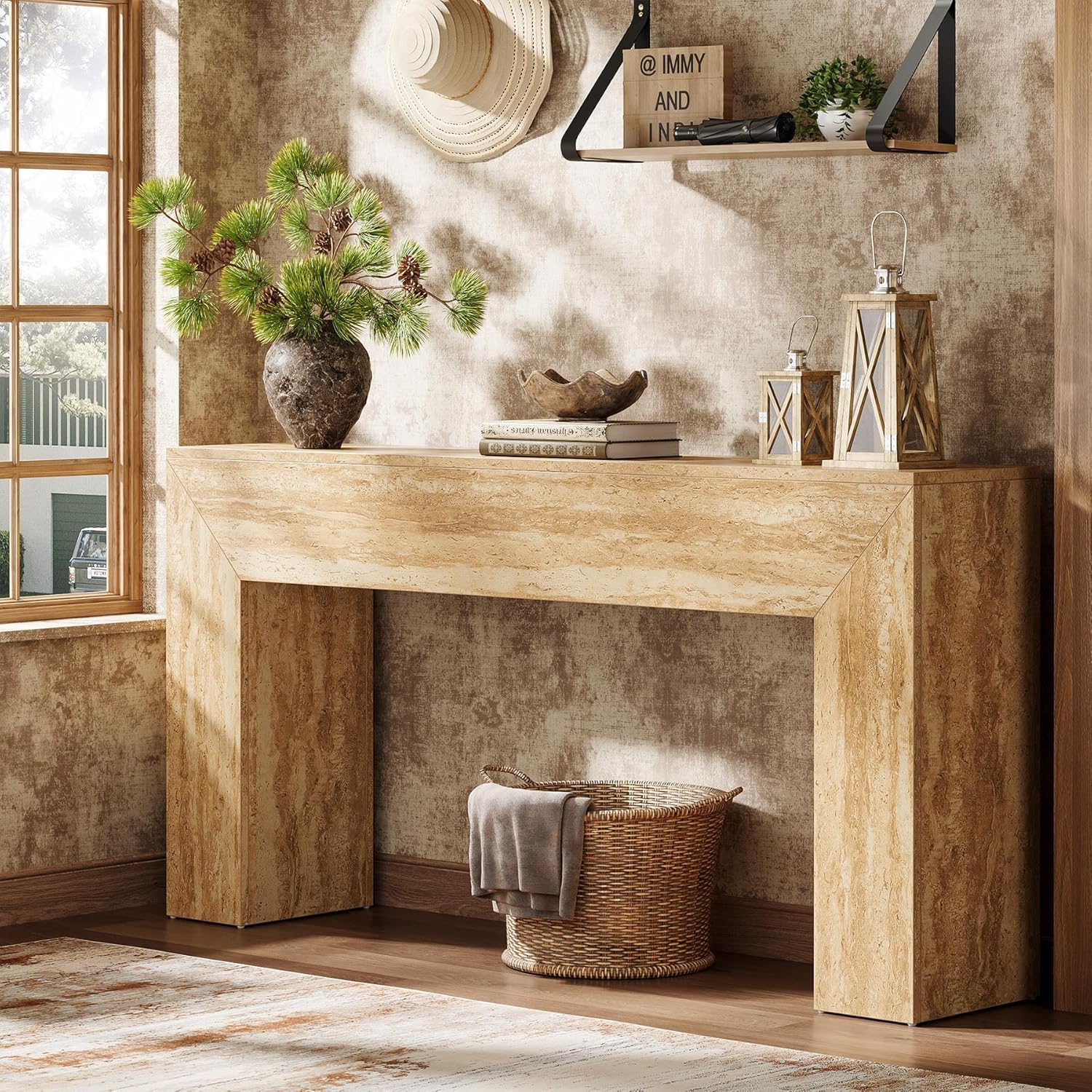 160 cm Moderne Houten Salontafel met Faux Travertine Afwerking, Smalle Banktafel voor Achter de Bank in Woonkamer