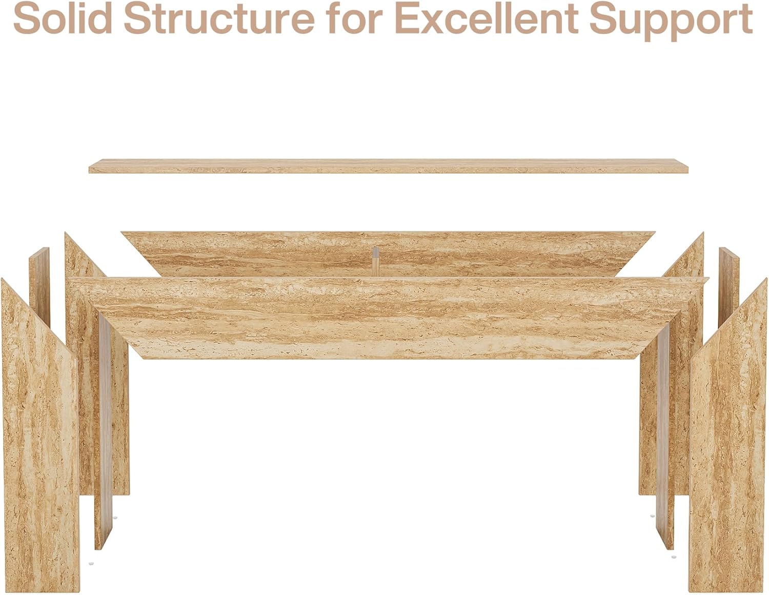 160 cm Moderne Houten Salontafel met Faux Travertine Afwerking, Smalle Banktafel voor Achter de Bank in Woonkamer