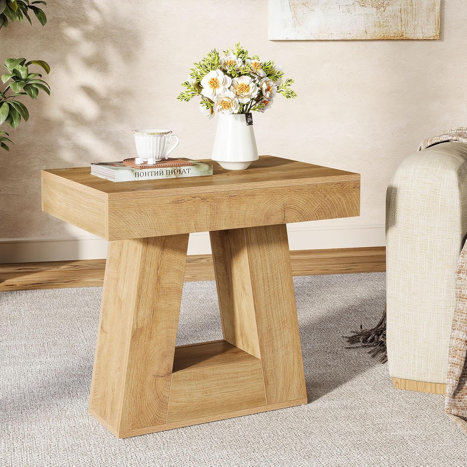 60 cm Moderne Bijzettafel, 2-Traps Smalle Houten Tafel met Trapeziumvormige Voet voor Slaapkamer