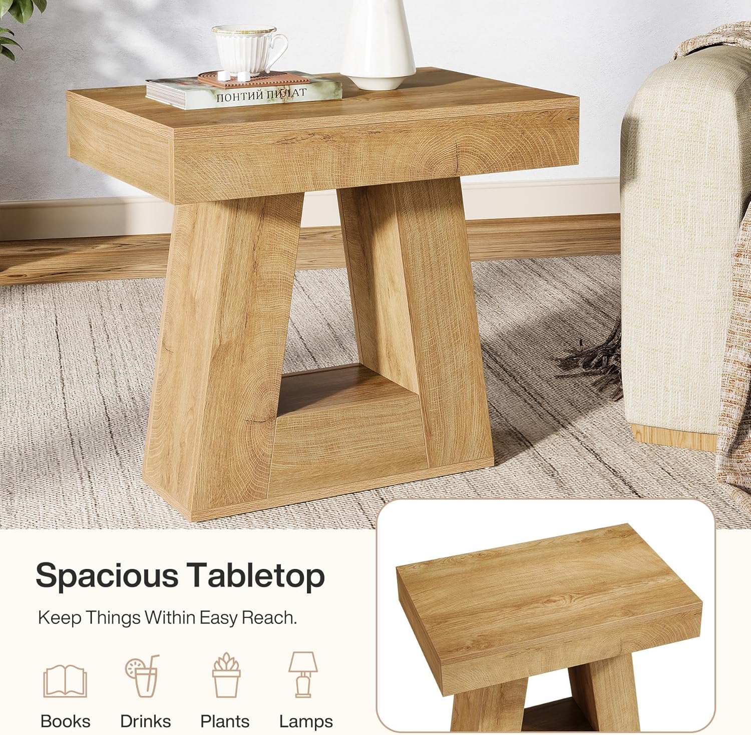 60 cm Moderne Bijzettafel, 2-Traps Smalle Houten Tafel met Trapeziumvormige Voet voor Slaapkamer