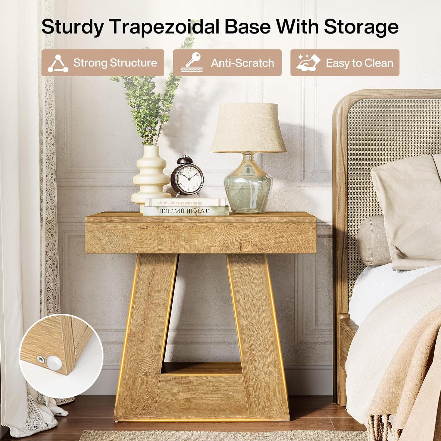 60 cm Moderne Bijzettafel, 2-Traps Smalle Houten Tafel met Trapeziumvormige Voet voor Slaapkamer