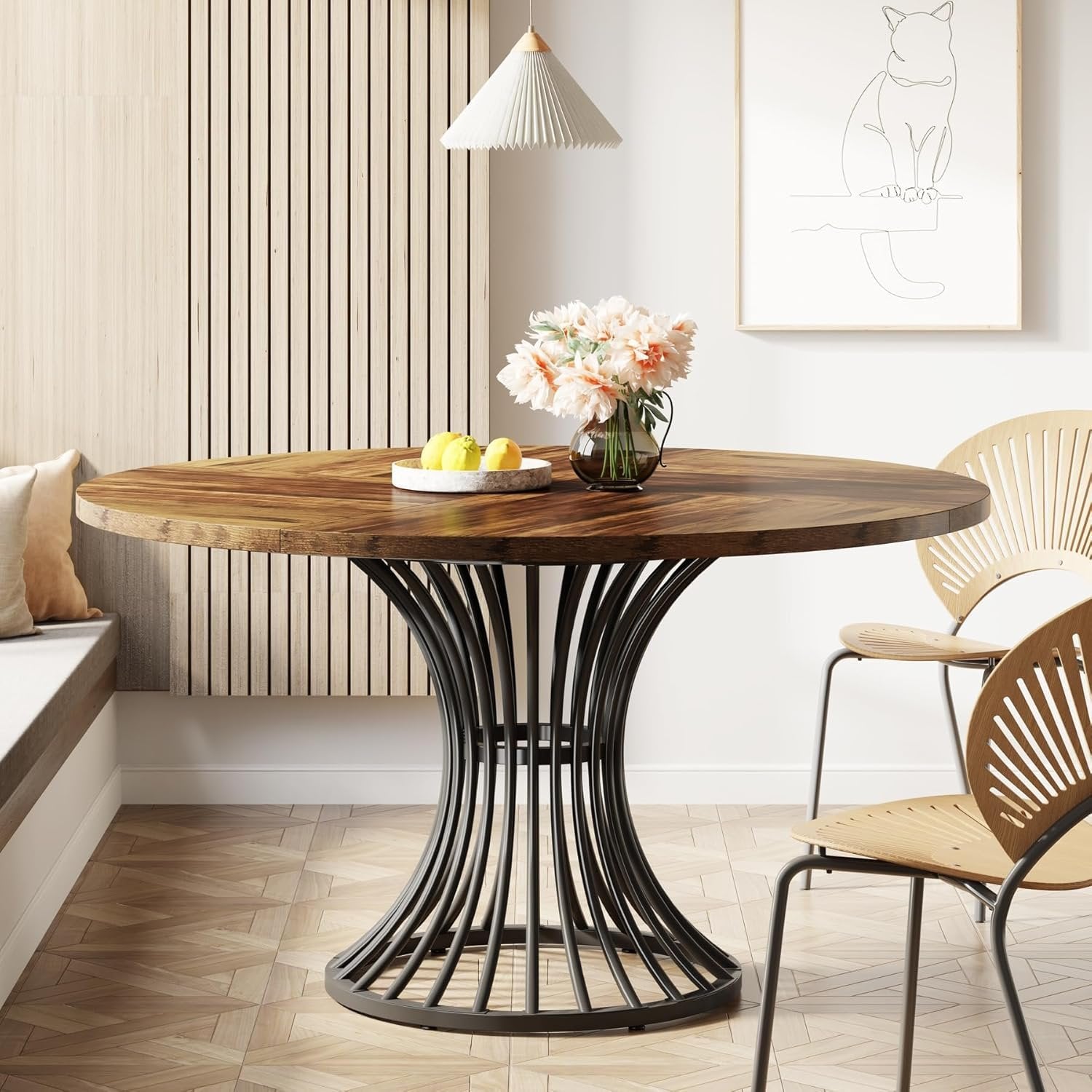 119 cm Ronde Industriële Eettafel, Voor 4-6 Personen met Metalen Frame in Zwart en Bruin