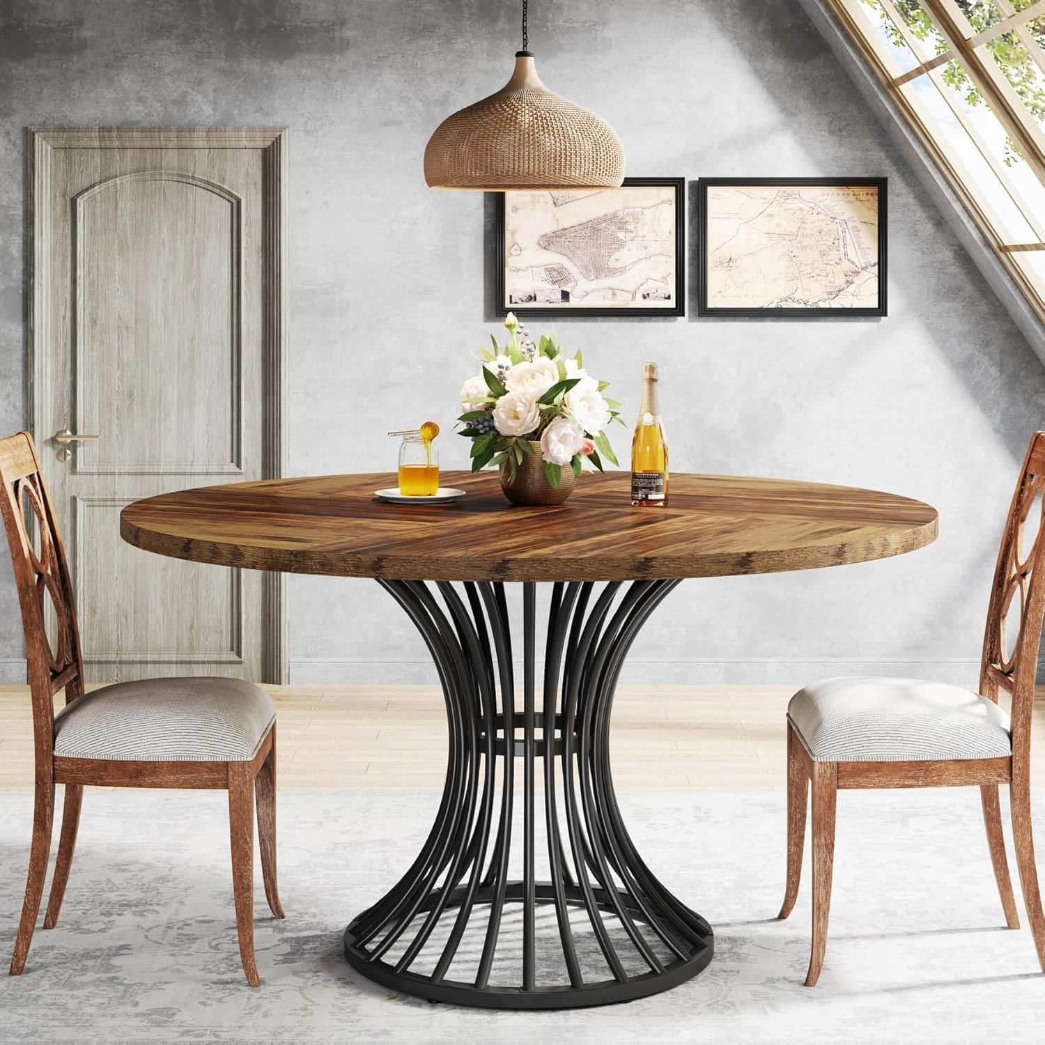 119 cm Ronde Industriële Eettafel, Voor 4-6 Personen met Metalen Frame in Zwart en Bruin