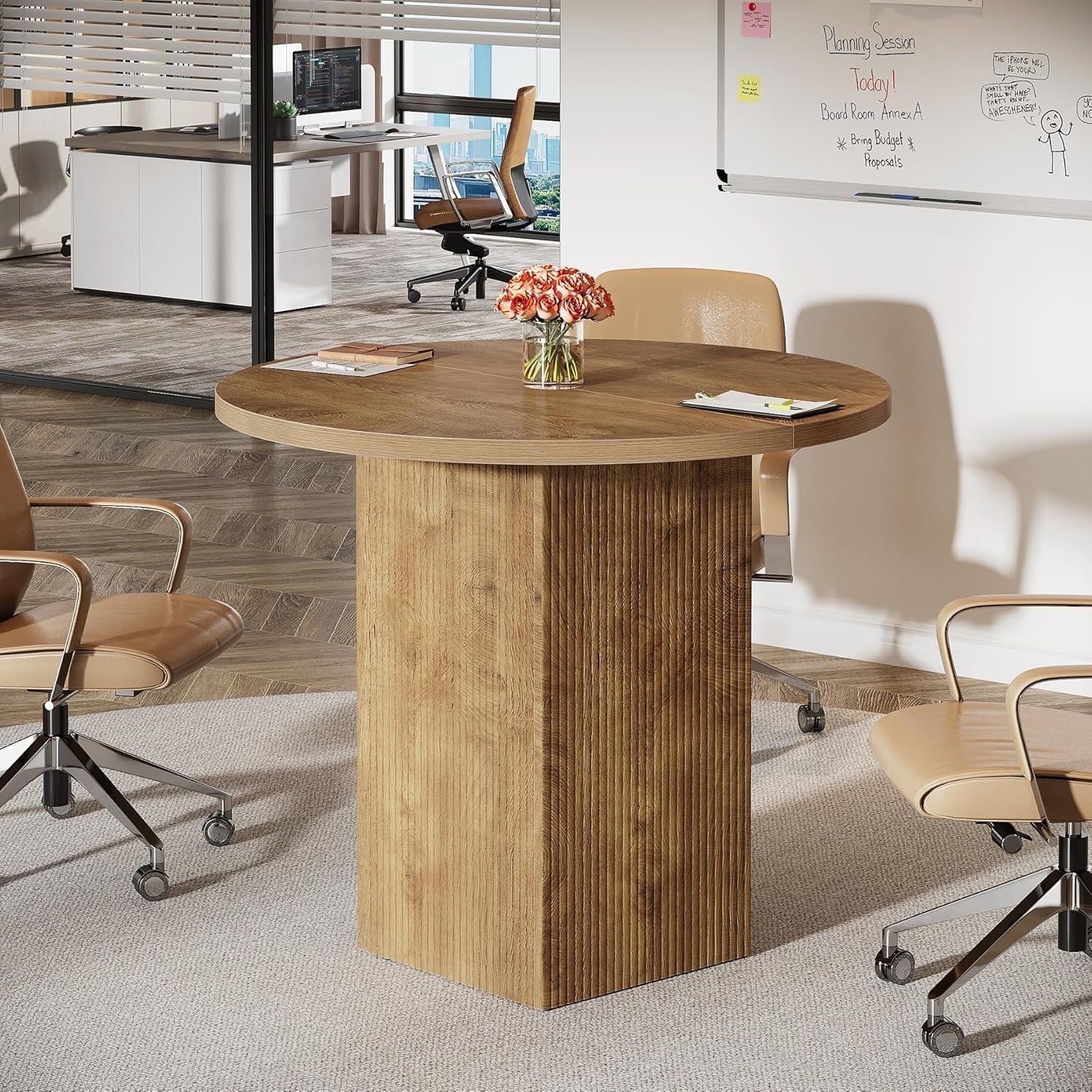 80 cm Tribesigns Ronde Vergadertafel, Met Houten Gecanneleerde Voet voor Ruimtebesparing