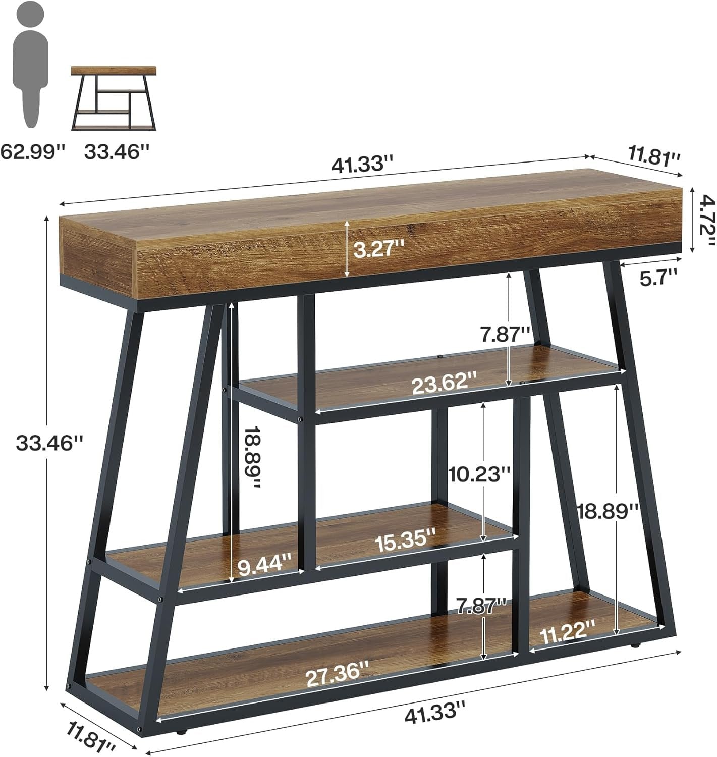 Tribesigns 105 cm Industriële Consoletafel met 4 Lagen Opbergruimte, Smalle Haltafel voor Entree en Achter de Bank