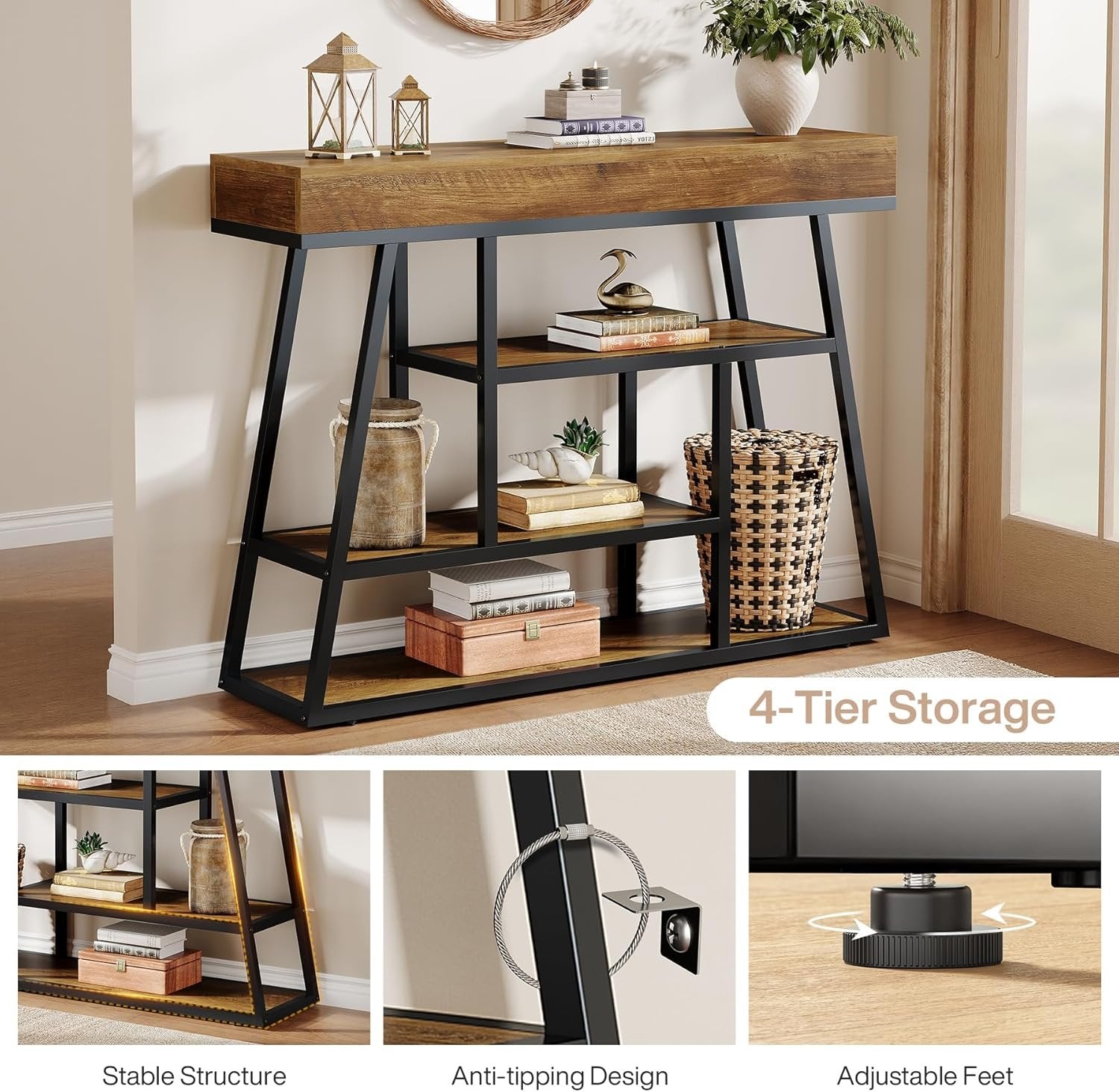 Tribesigns 105 cm Industriële Consoletafel met 4 Lagen Opbergruimte, Smalle Haltafel voor Entree en Achter de Bank