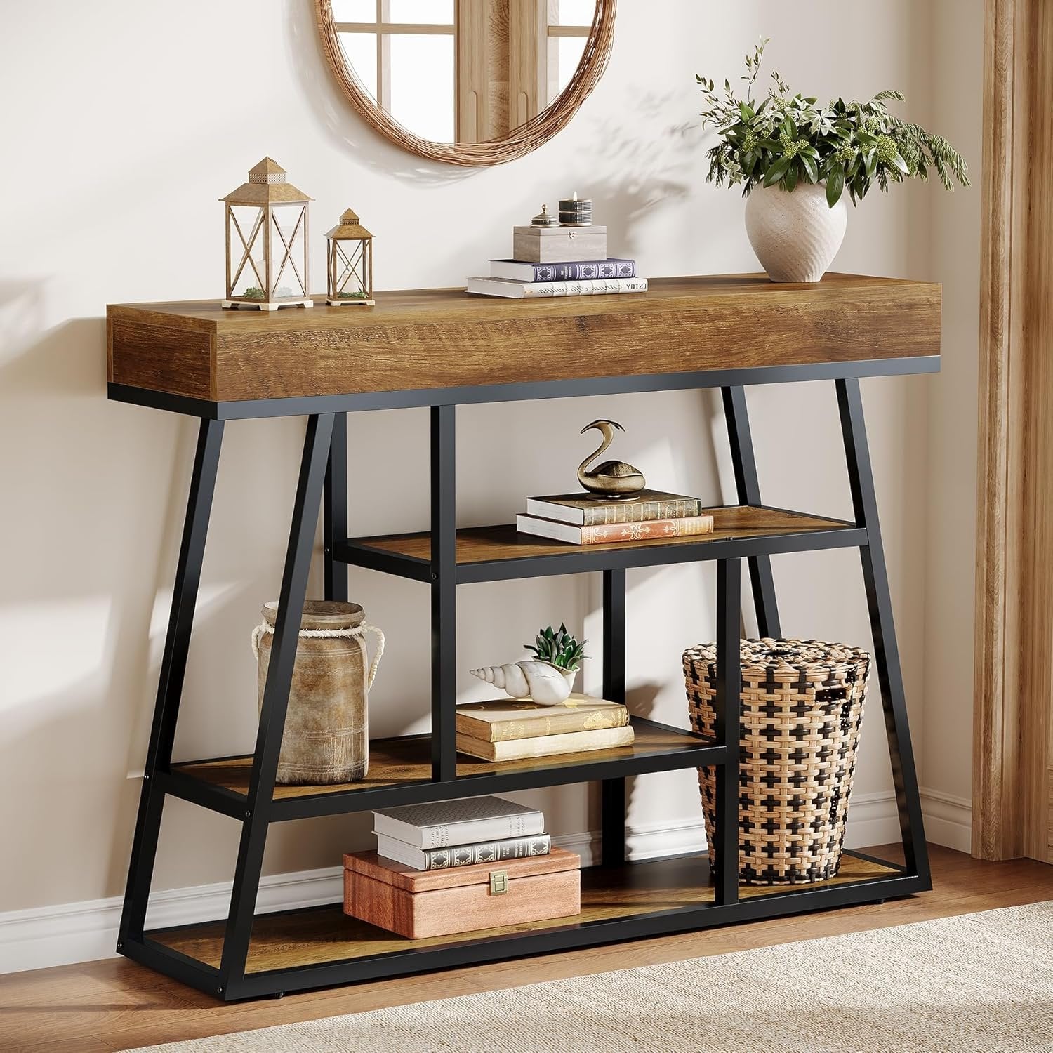 Tribesigns 105 cm Industriële Consoletafel met 4 Lagen Opbergruimte, Smalle Haltafel voor Entree en Achter de Bank