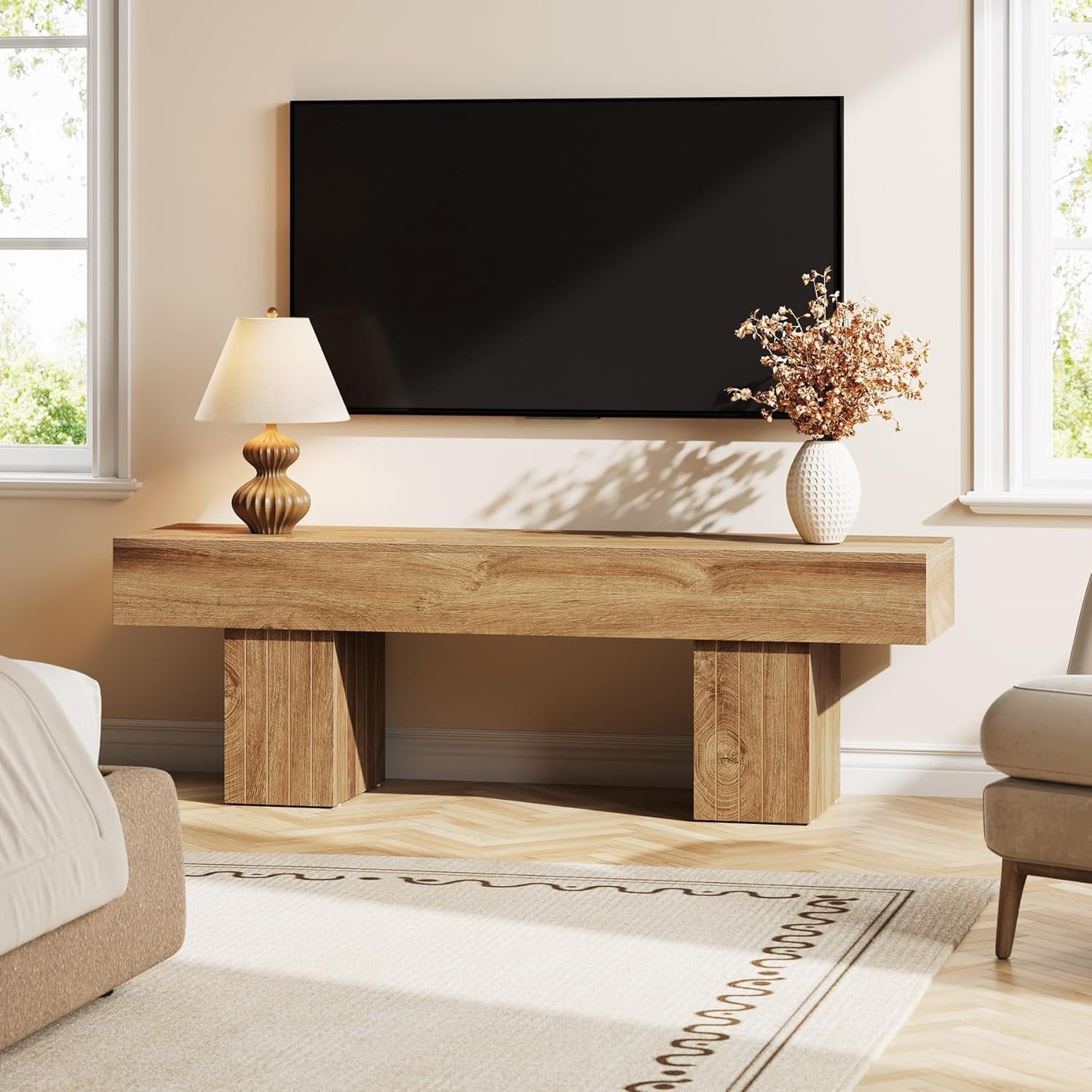 Tv-meubel voor 140 cm Tv in Landelijke Stijl, Licht Houten Lage Tv-console voor Woonkamer