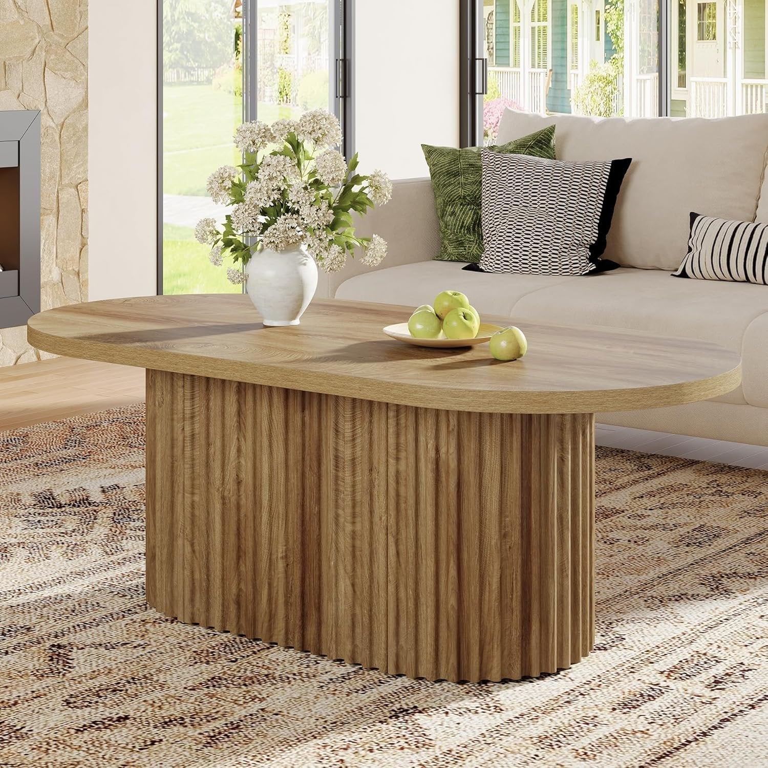 120 cm Ovale Salontafel in Landelijke Stijl, Houten Centertafel met Geribbelde Afwerking