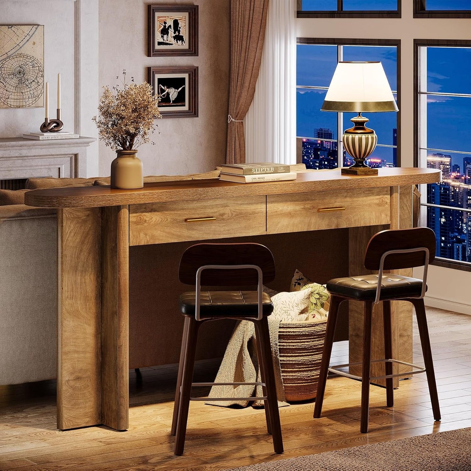 Ovale Consoletafel van 160 cm met 2 Lades in Landelijke Stijl, Haltafel met Opbergruimte voor Woonkamer en Entree