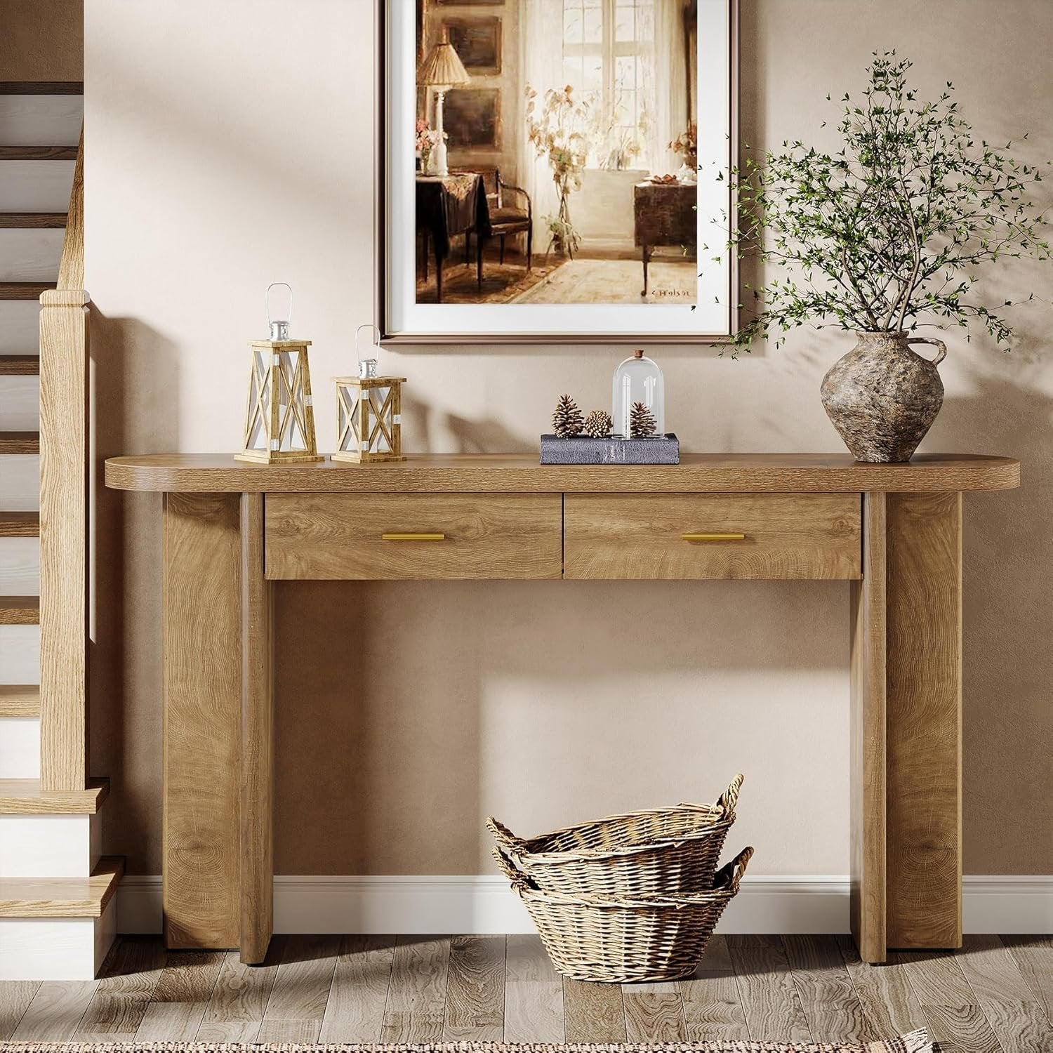 Ovale Consoletafel van 160 cm met 2 Lades in Landelijke Stijl, Haltafel met Opbergruimte voor Woonkamer en Entree