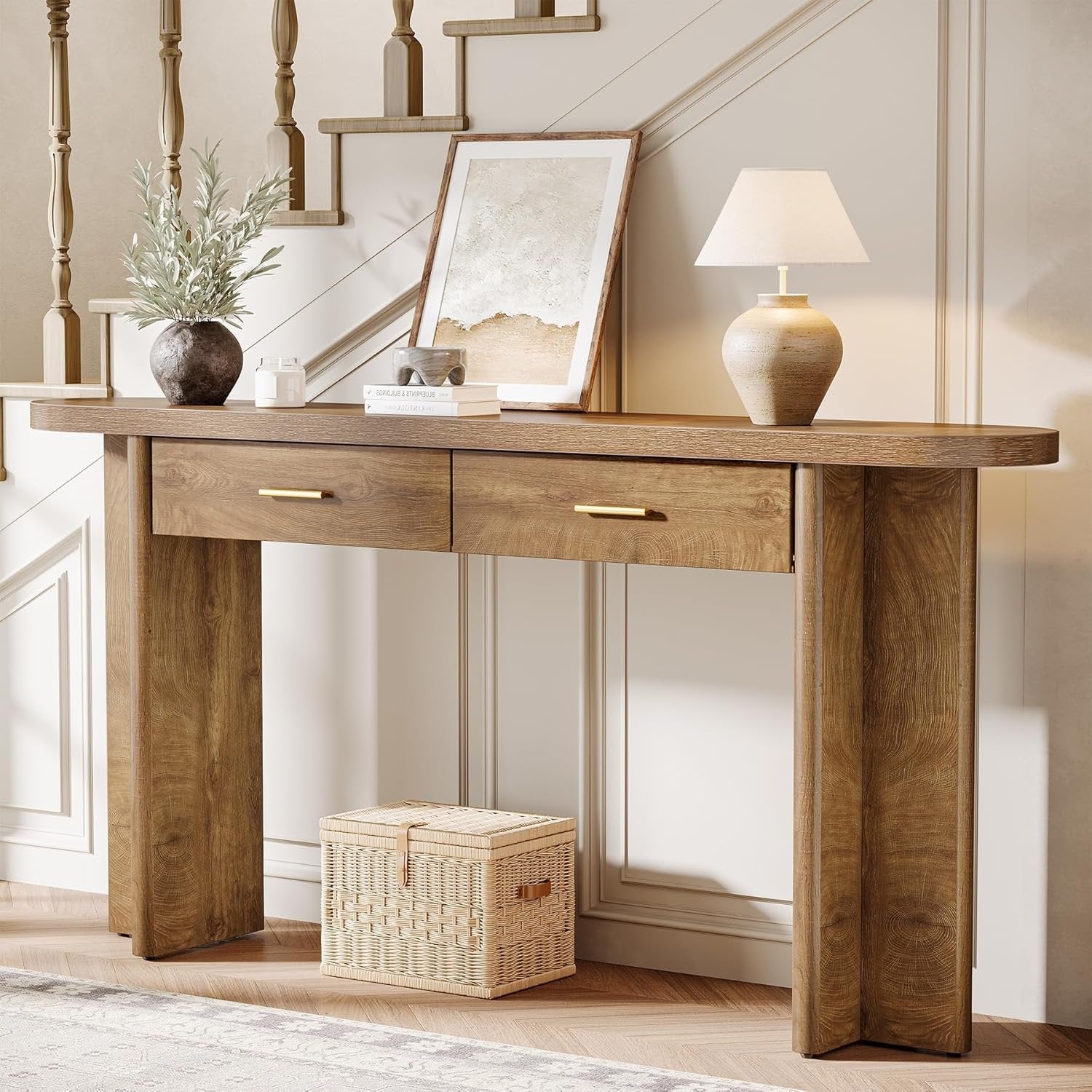 Ovale Consoletafel van 160 cm met 2 Lades in Landelijke Stijl, Haltafel met Opbergruimte voor Woonkamer en Entree