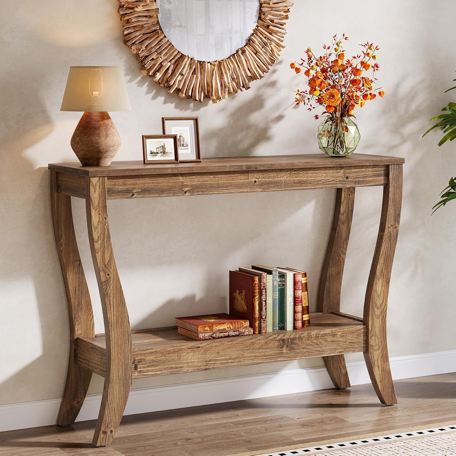 Tribesigns 105 cm Consoletafel, Massief Houten Haltafel met Plank