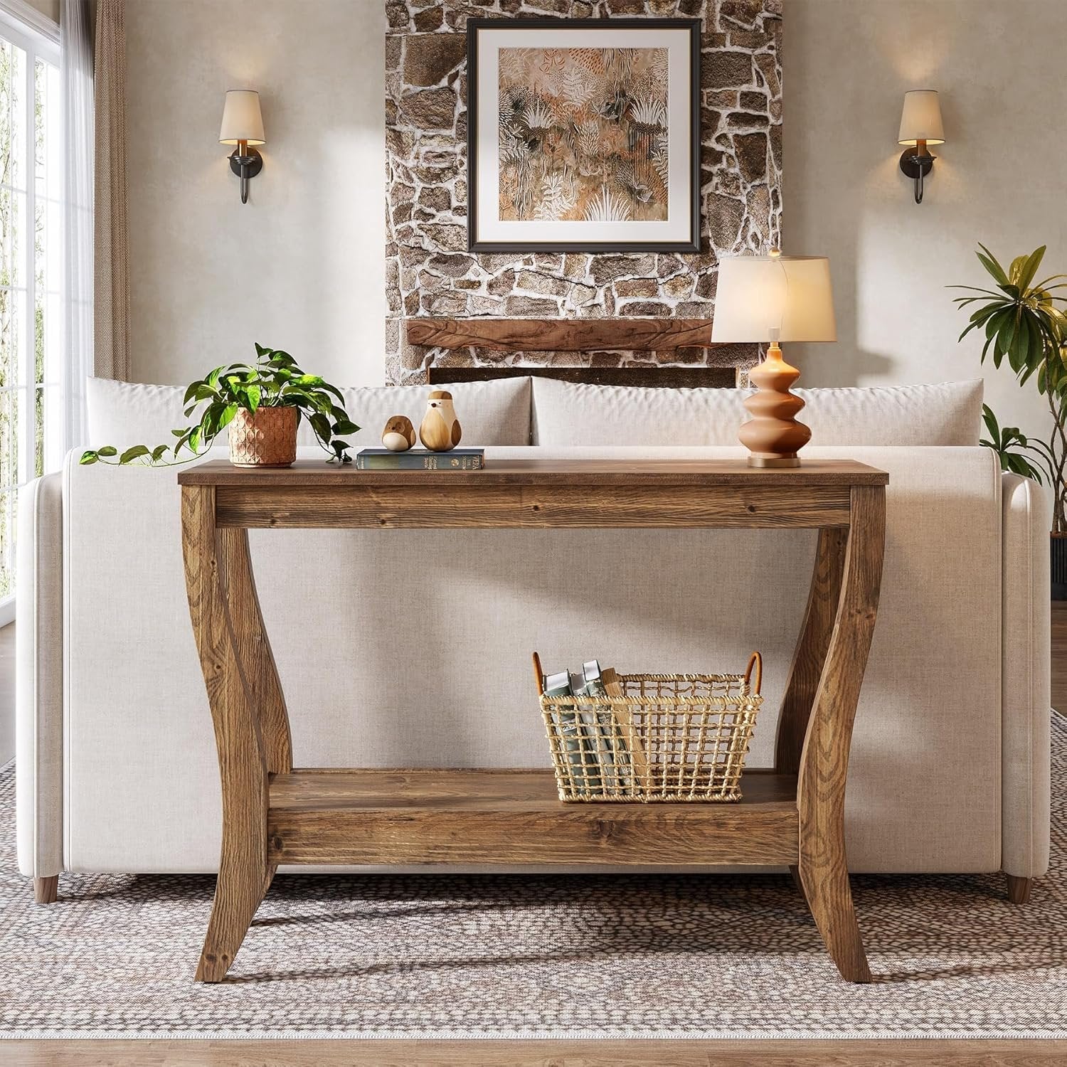 Tribesigns 105 cm Consoletafel, Massief Houten Haltafel met Plank