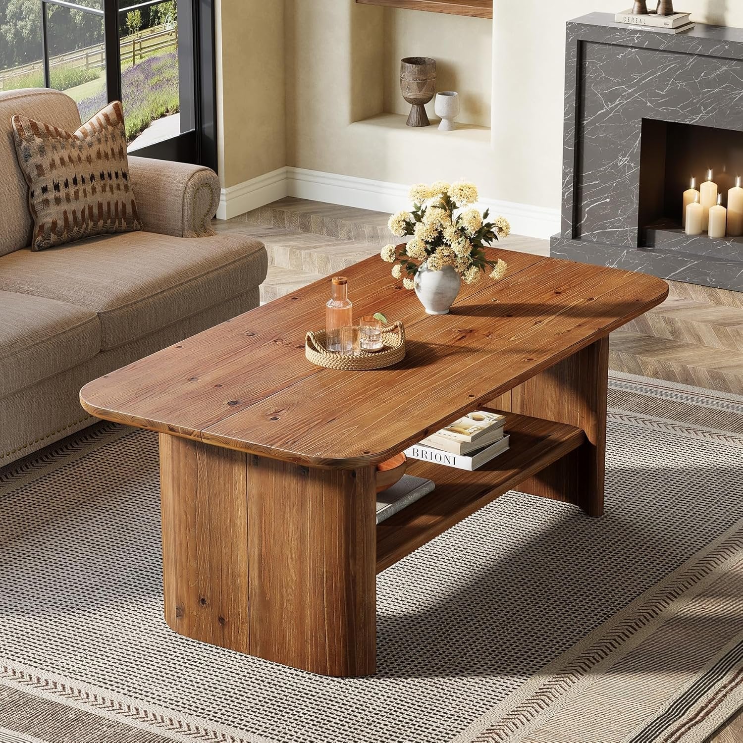 120 cm Massief Houten Salontafel voor Woonkamer, Rustieke Rechthoekige 2-Lagen Centertafel, Bruin
