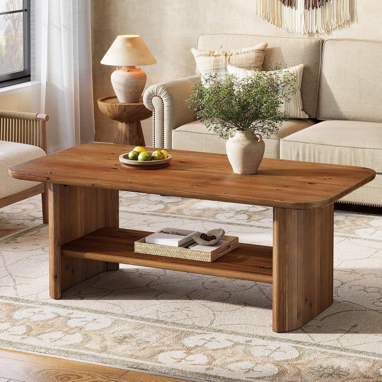 120 cm Massief Houten Salontafel voor Woonkamer, Rustieke Rechthoekige 2-Lagen Centertafel, Bruin