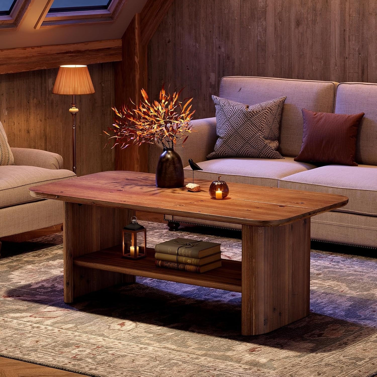 120 cm Massief Houten Salontafel voor Woonkamer, Rustieke Rechthoekige 2-Lagen Centertafel, Bruin