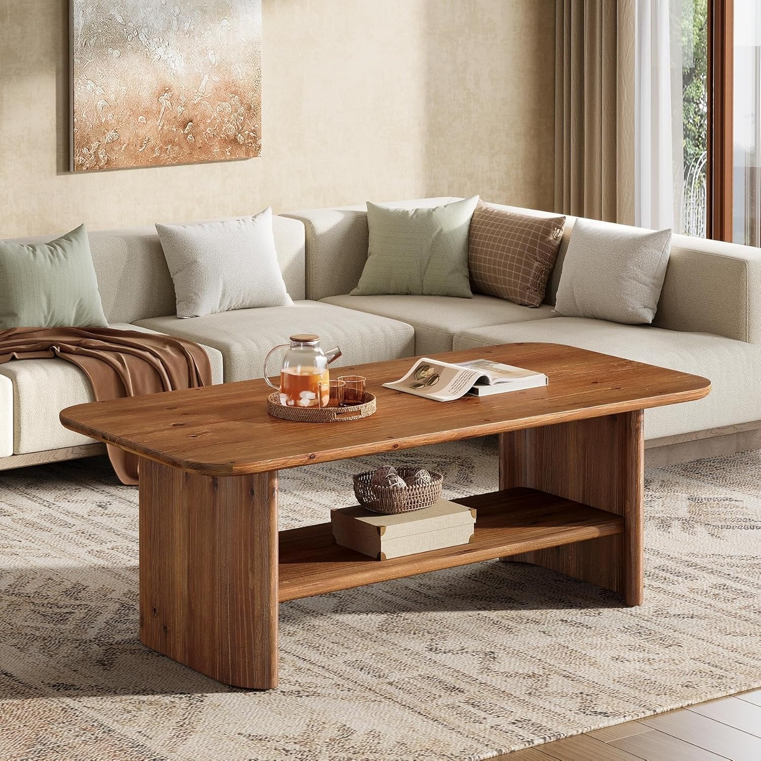 120 cm Massief Houten Salontafel voor Woonkamer, Rustieke Rechthoekige 2-Lagen Centertafel, Bruin