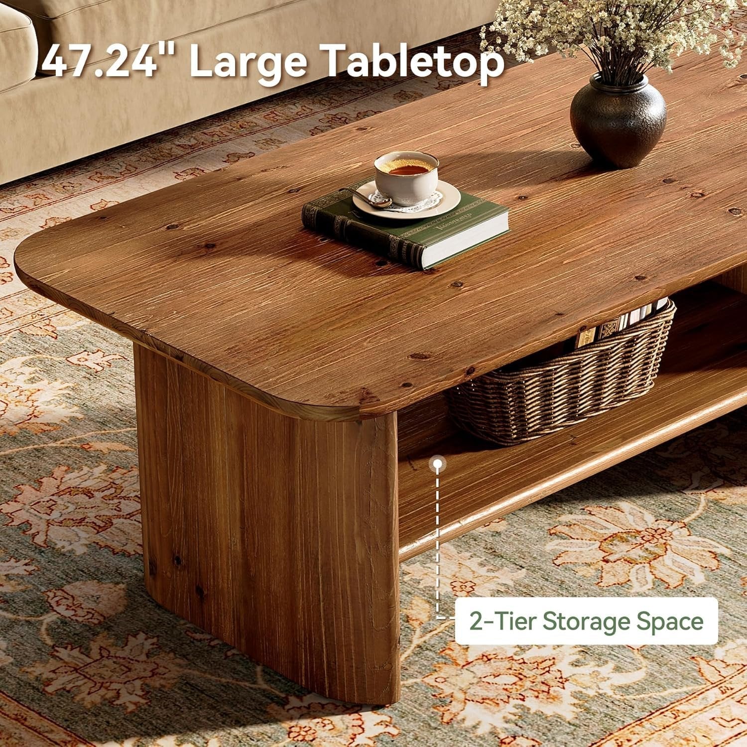 120 cm Massief Houten Salontafel voor Woonkamer, Rustieke Rechthoekige 2-Lagen Centertafel, Bruin