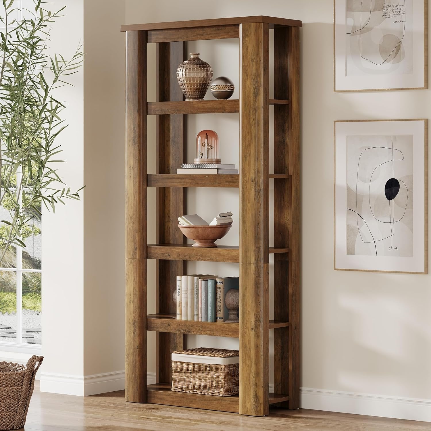Boekenkast van 180 cm met 6 Lagen, Vrijstaande Open Opbergrekken in Rustiek Bruin