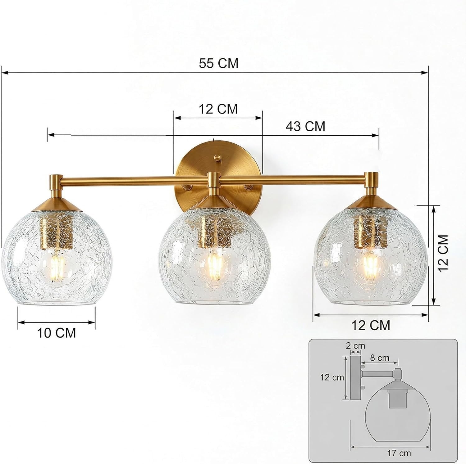 43 cm Moderne Wandlamp Goud, Tribesigns 3-flammige Crackle Glas Armatur met E27 voor Badkamer