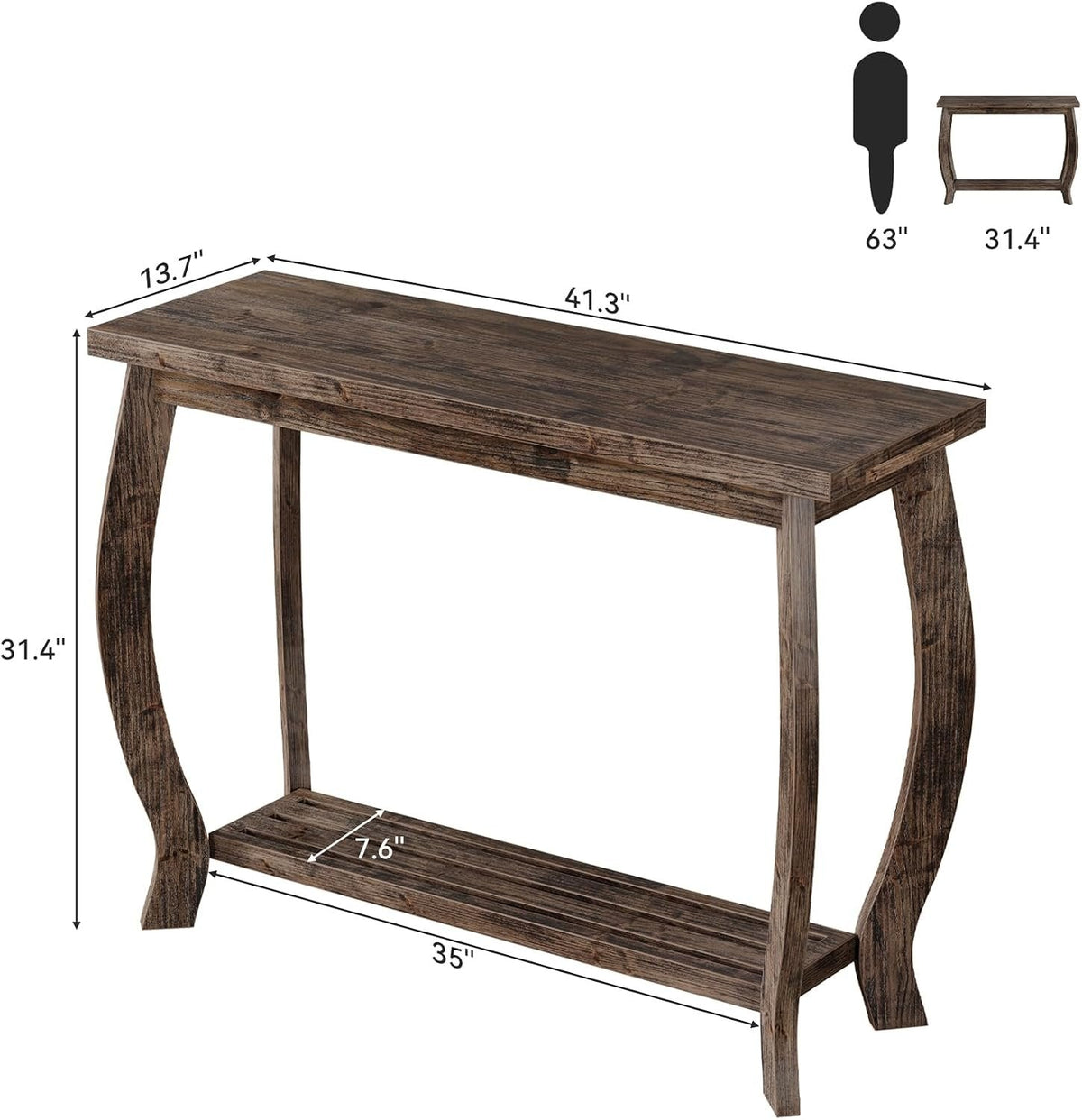 Tribesigns massief houten consolentafel 105 cm, smalle haltafel met 2 niveaus in landelijke stijl