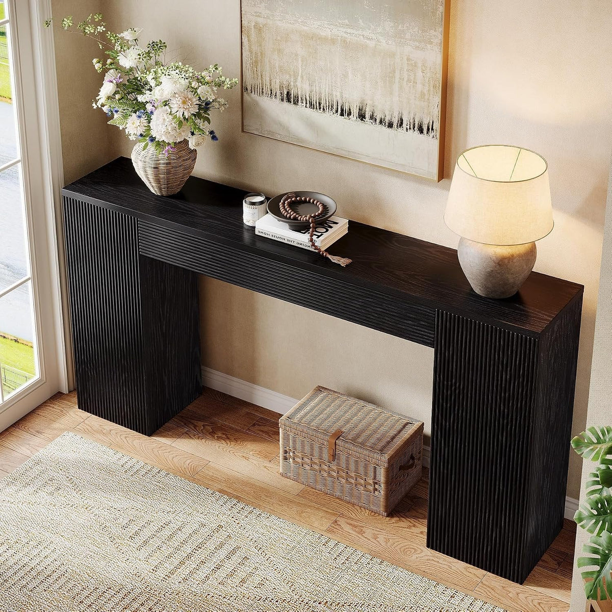 Tribesigns Sidetable van 160 cm van MDF, smalle haltafel met geribbeld front