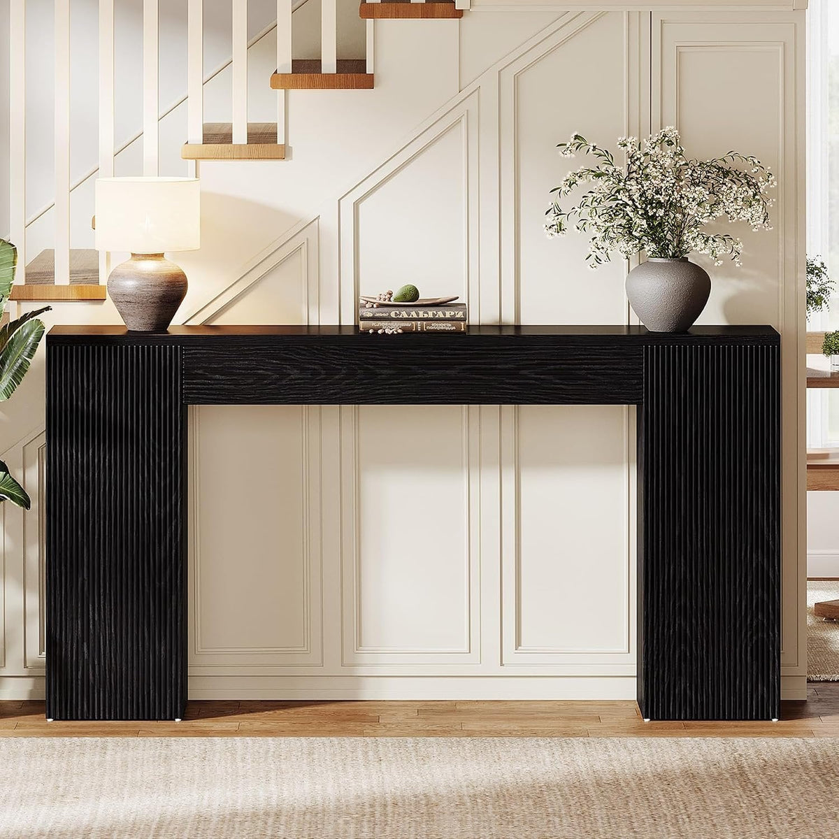 Tribesigns Sidetable van 160 cm van MDF, smalle haltafel met geribbeld front