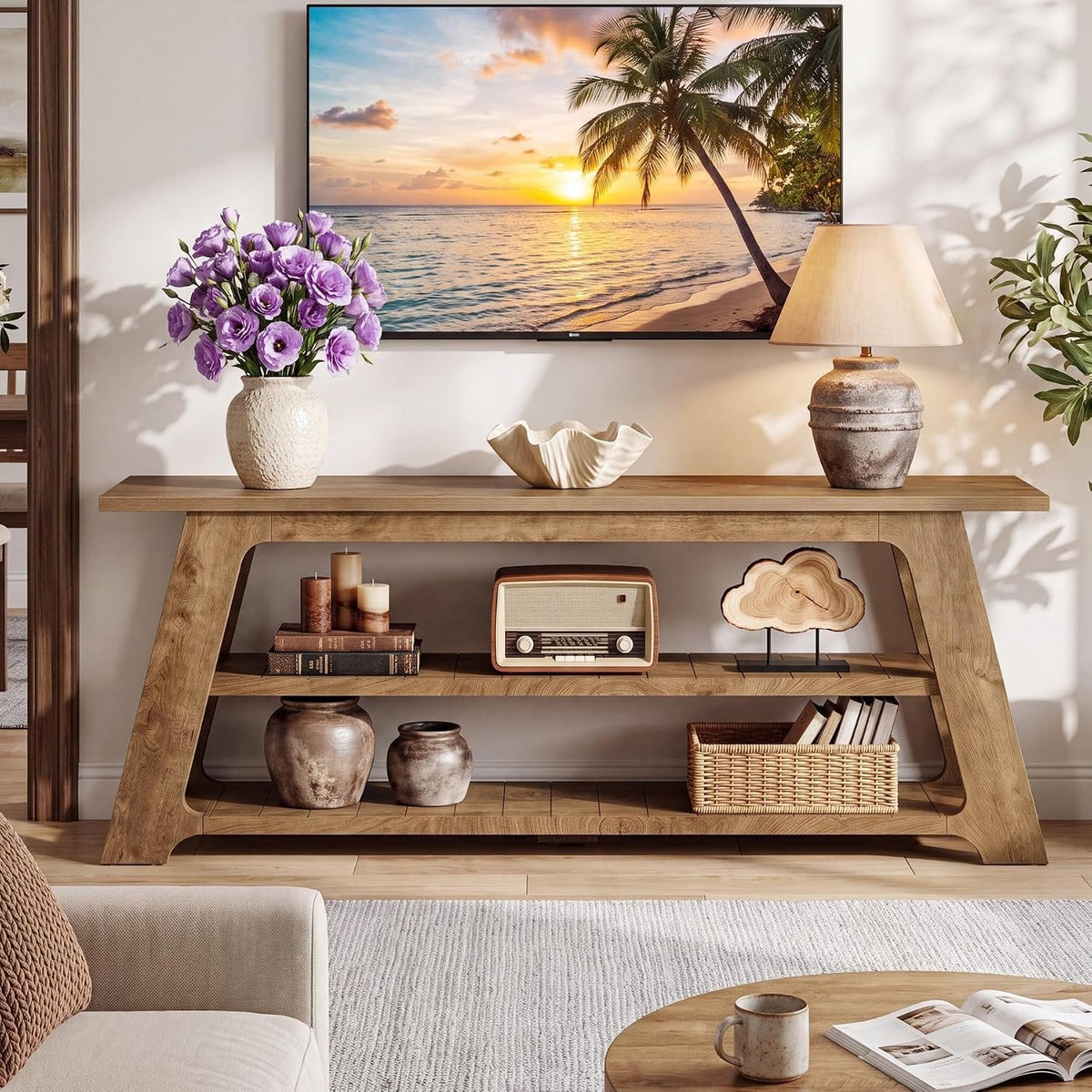 Tribesigns TV-meubel van 160 cm voor tv's tot 75 inch, lage tv-kast met 3 opbergplanken