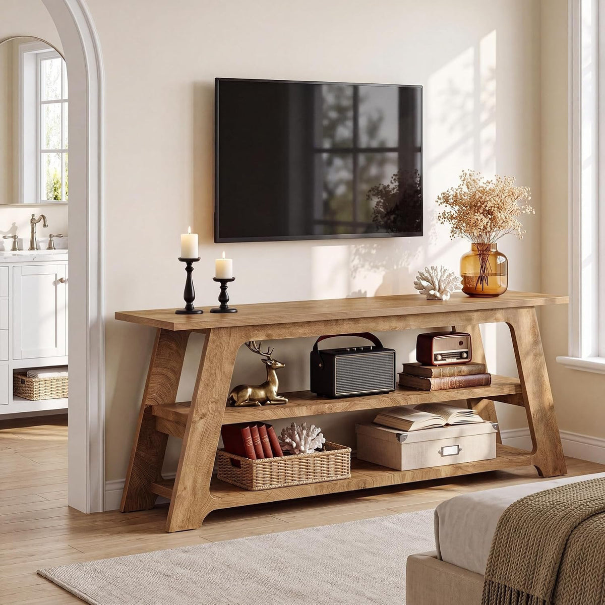 Tribesigns TV-meubel van 160 cm voor tv's tot 75 inch, lage tv-kast met 3 opbergplanken