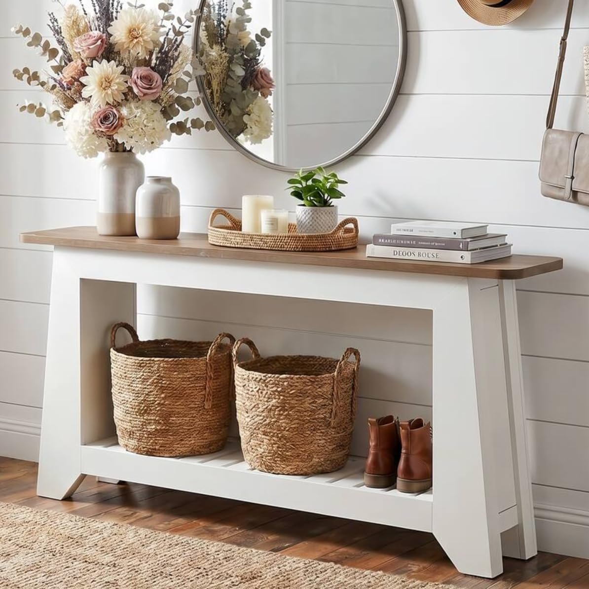 Tribesigns Sidetable van 160 cm met opbergruimte, witte haltafel met A-vormig frame