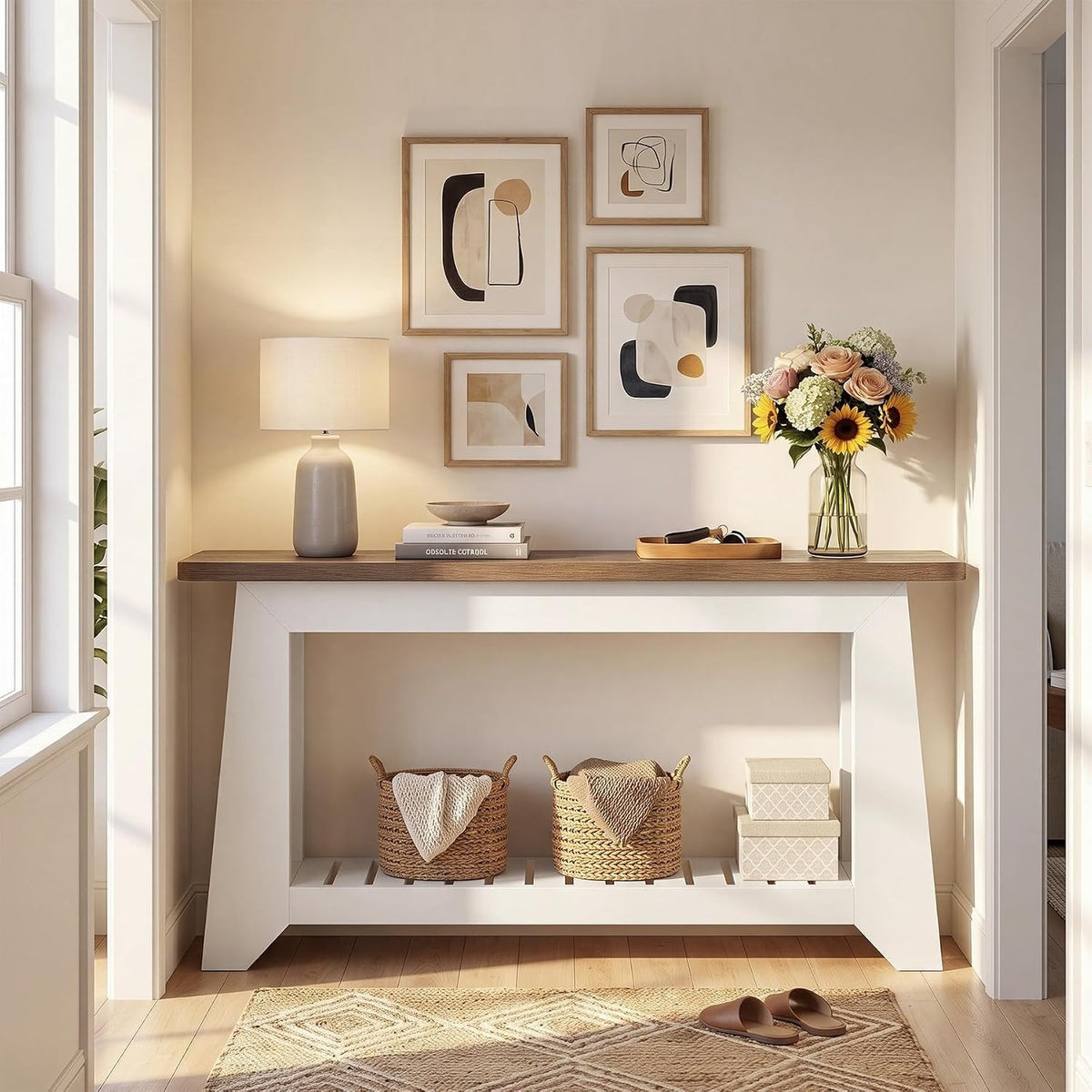 Tribesigns Sidetable van 160 cm met opbergruimte, witte haltafel met A-vormig frame