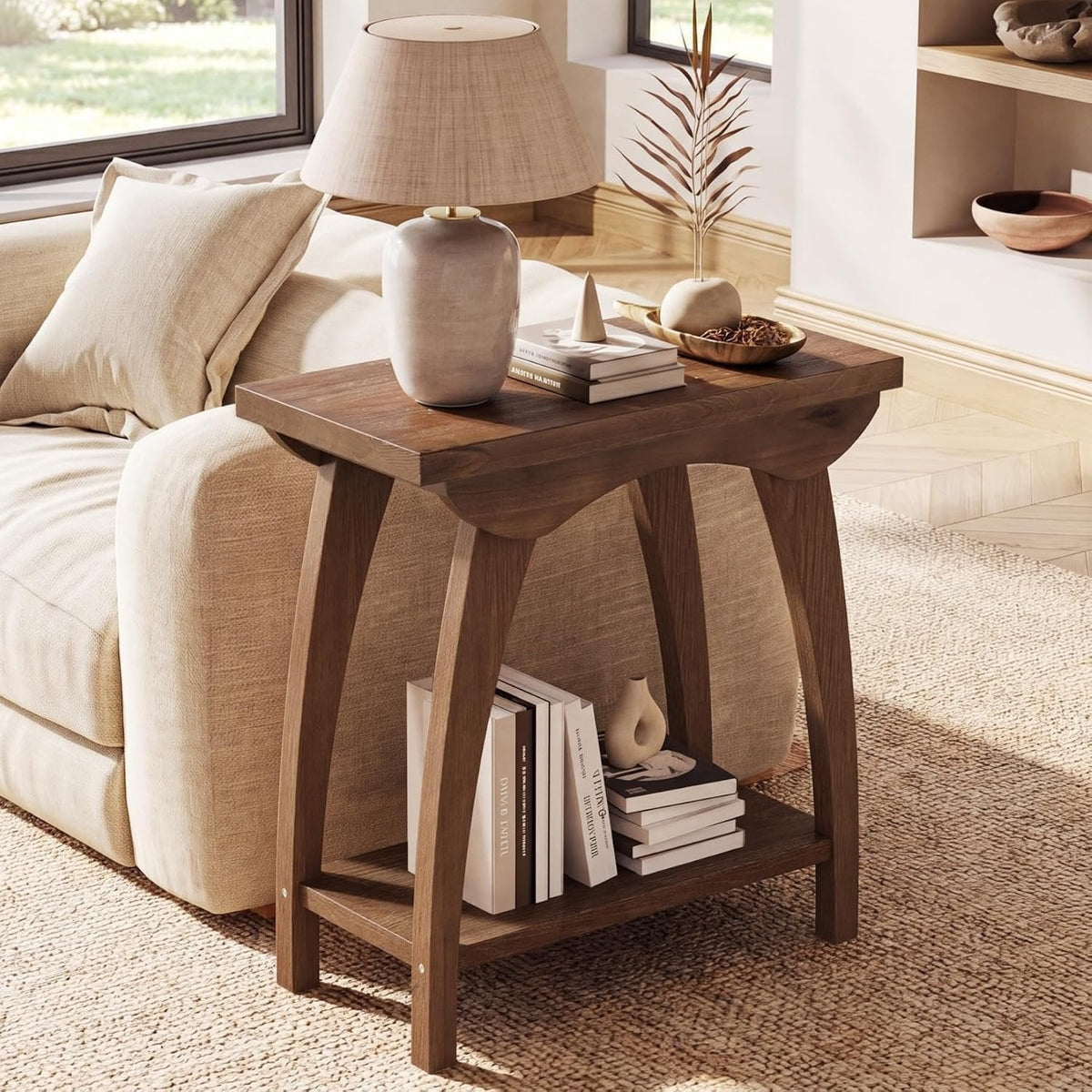 Tribesigns 60 cm ronde bijzettafel van massief hout met 2 legplanken