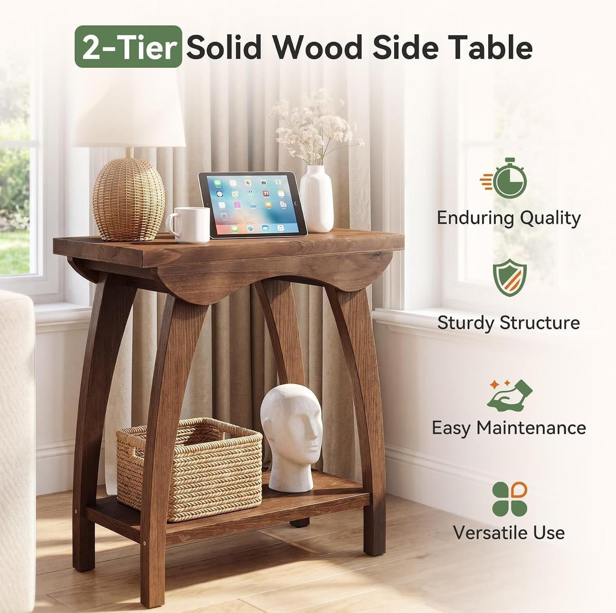 Tribesigns 60 cm ronde bijzettafel van massief hout met 2 legplanken