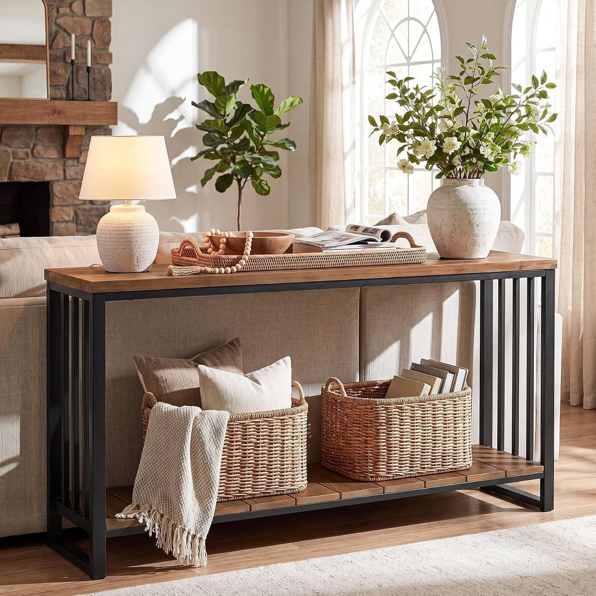 Tribesigns massief houten consolentafel 140 cm, smalle haltafel in landelijke stijl met legplank