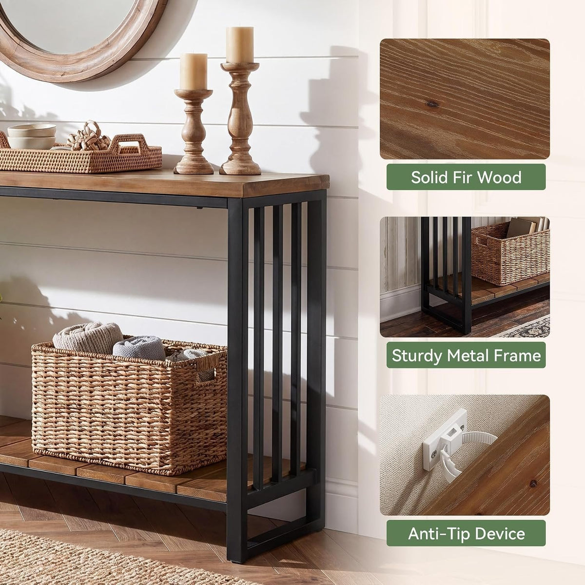 Tribesigns massief houten consolentafel 140 cm, smalle haltafel in landelijke stijl met legplank