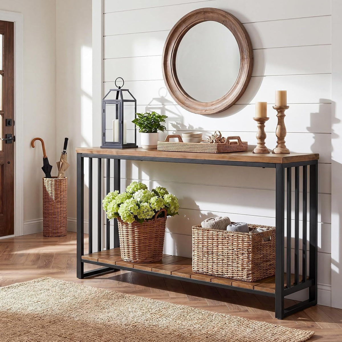 Tribesigns massief houten consolentafel 140 cm, smalle haltafel in landelijke stijl met legplank