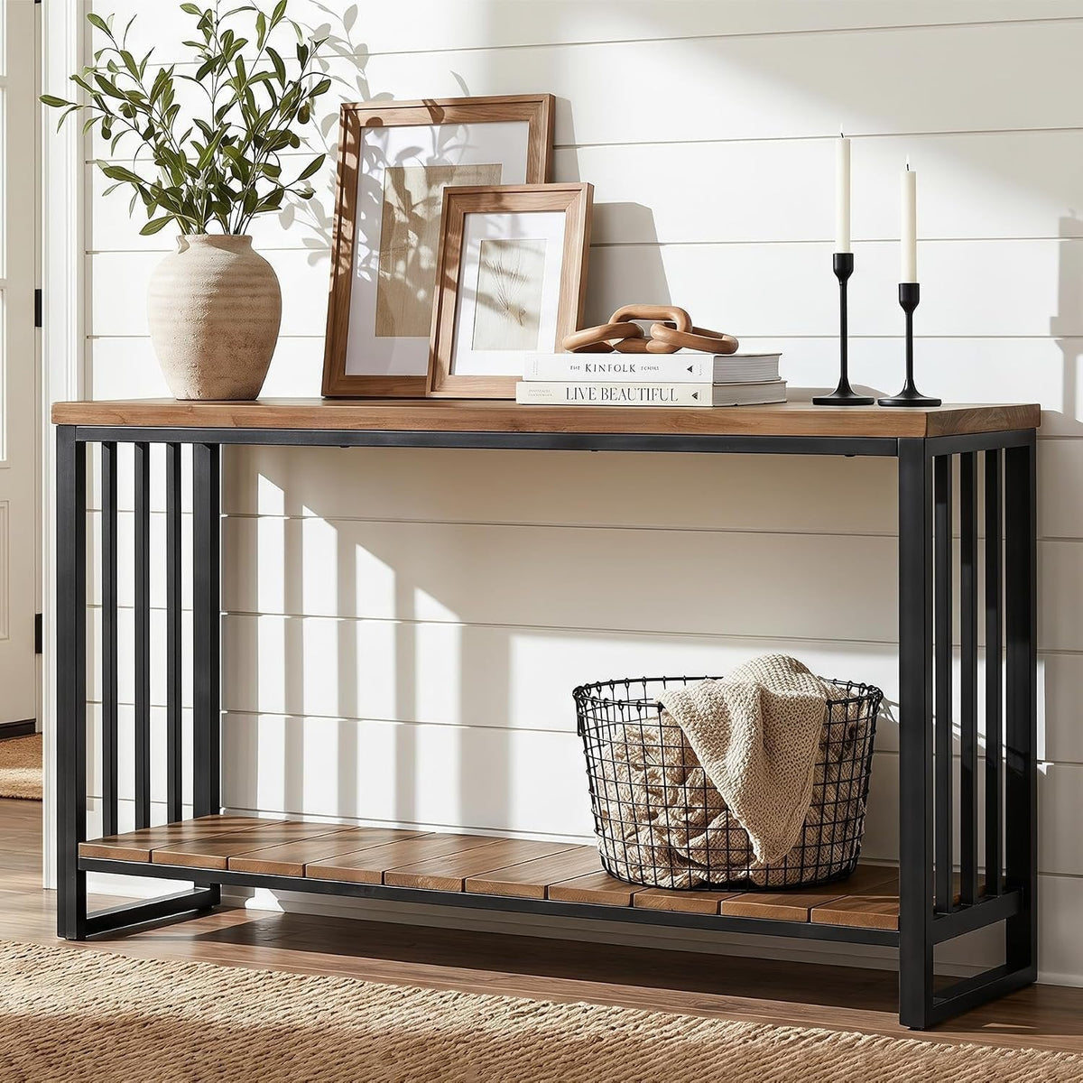 Tribesigns massief houten consolentafel 140 cm, smalle haltafel in landelijke stijl met legplank