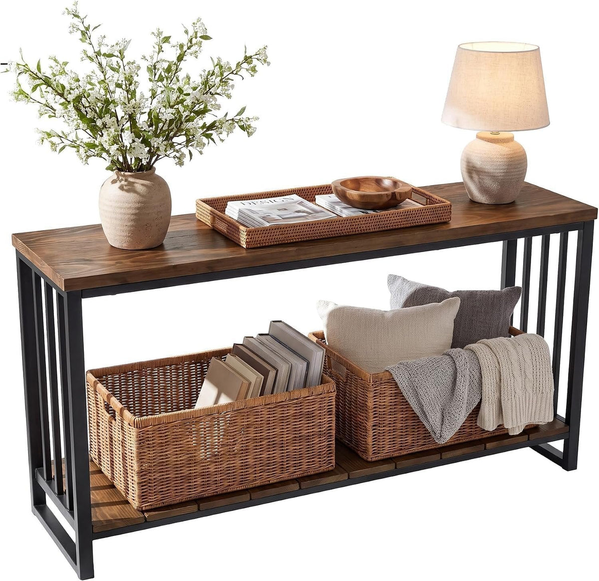 Tribesigns massief houten consolentafel 140 cm, smalle haltafel in landelijke stijl met legplank